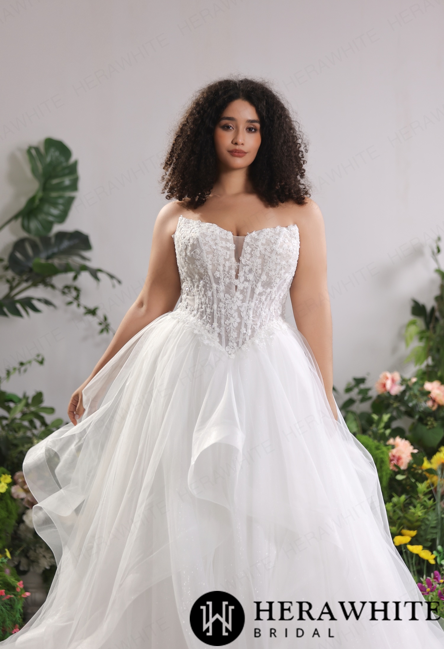 Ethereal Strapless Sweetheart Lace Plus Size Ballgown Wedding Dress with Ruffled Tulle Skirt