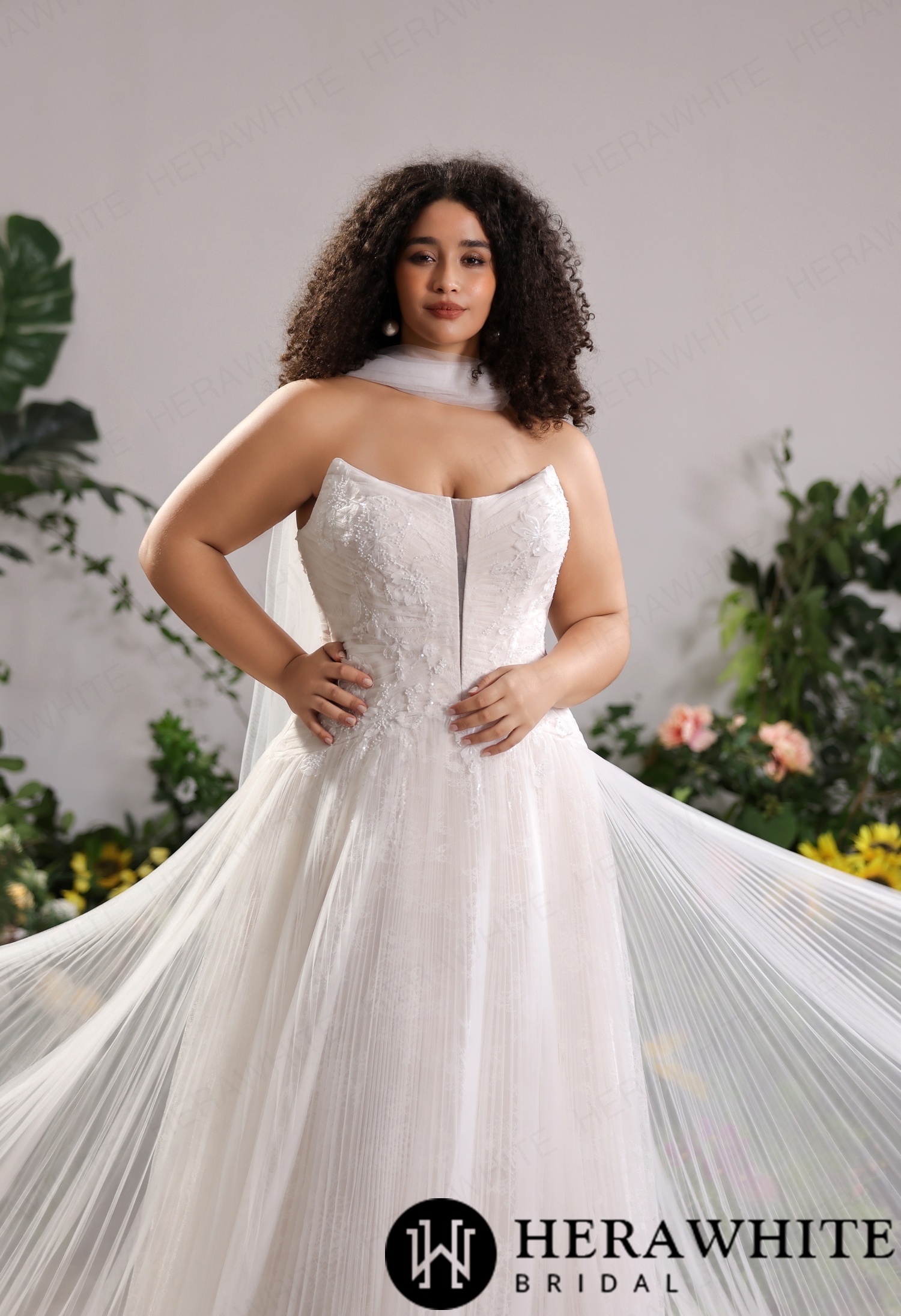Glitter Lace Strapless Tulle A-Line Gown with Cat-Eye Bust & Attached Tulle Shoulder Cape