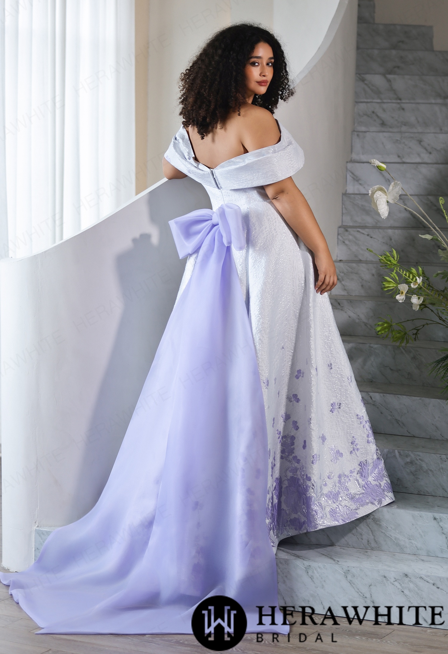 Plus Size Off Shoulder Jacquard Ball Gown Wedding Dress with Matching Lavender Bow Train