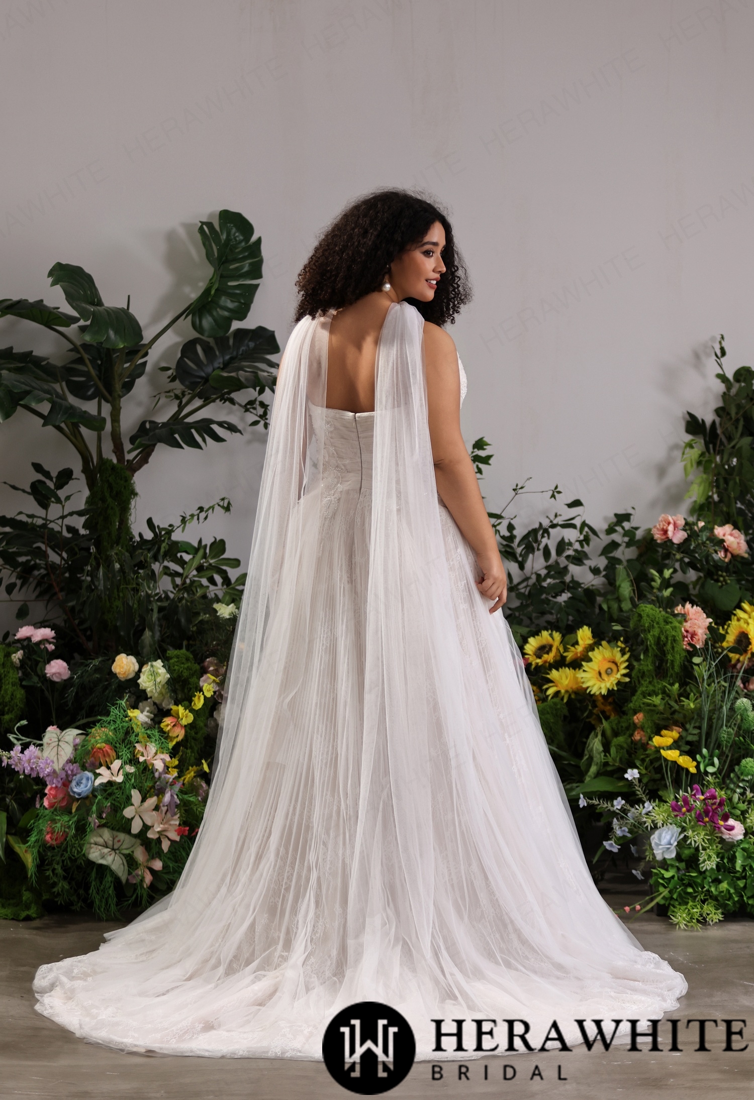 Glitter Lace Strapless Tulle A-Line Gown with Cat-Eye Bust & Attached Tulle Shoulder Cape