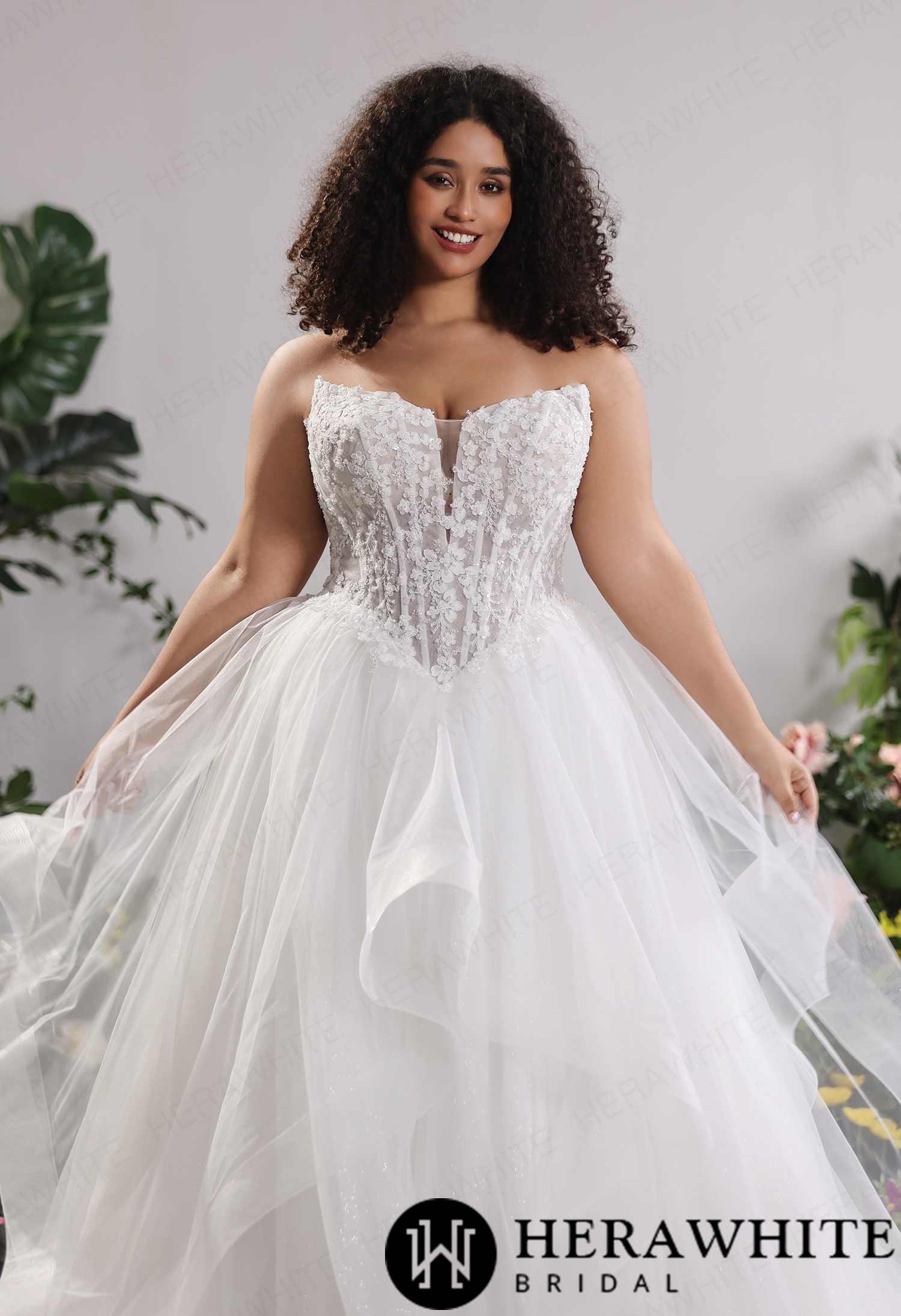 Ethereal Strapless Sweetheart Lace Plus Size Ballgown Wedding Dress with Ruffled Tulle Skirt