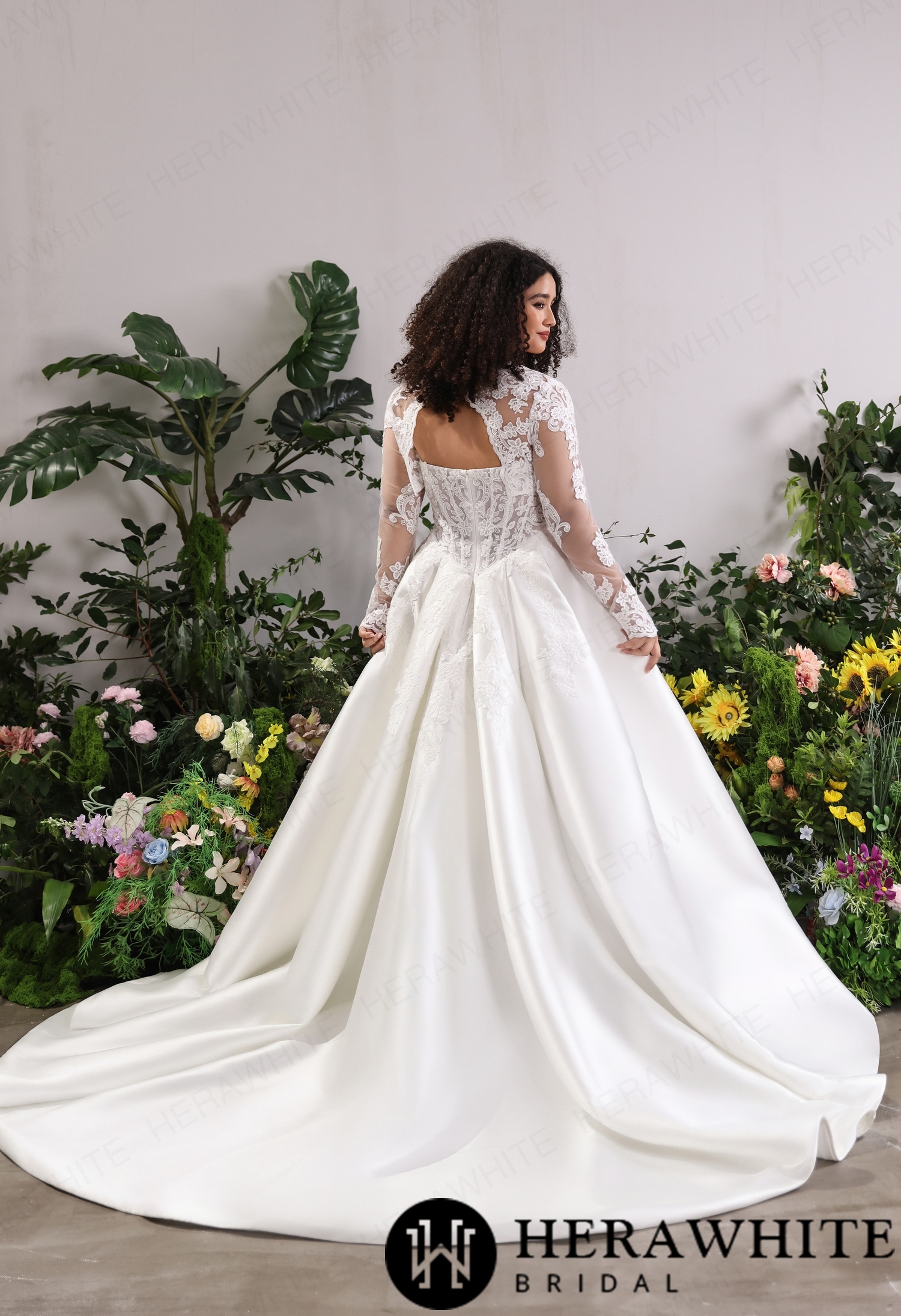 Lustrous Fluid Mikado Bridal Silhouette – Convertible Lace Overlay Jacket with Sheer Floral Arm Cuffs & Front Slit Train