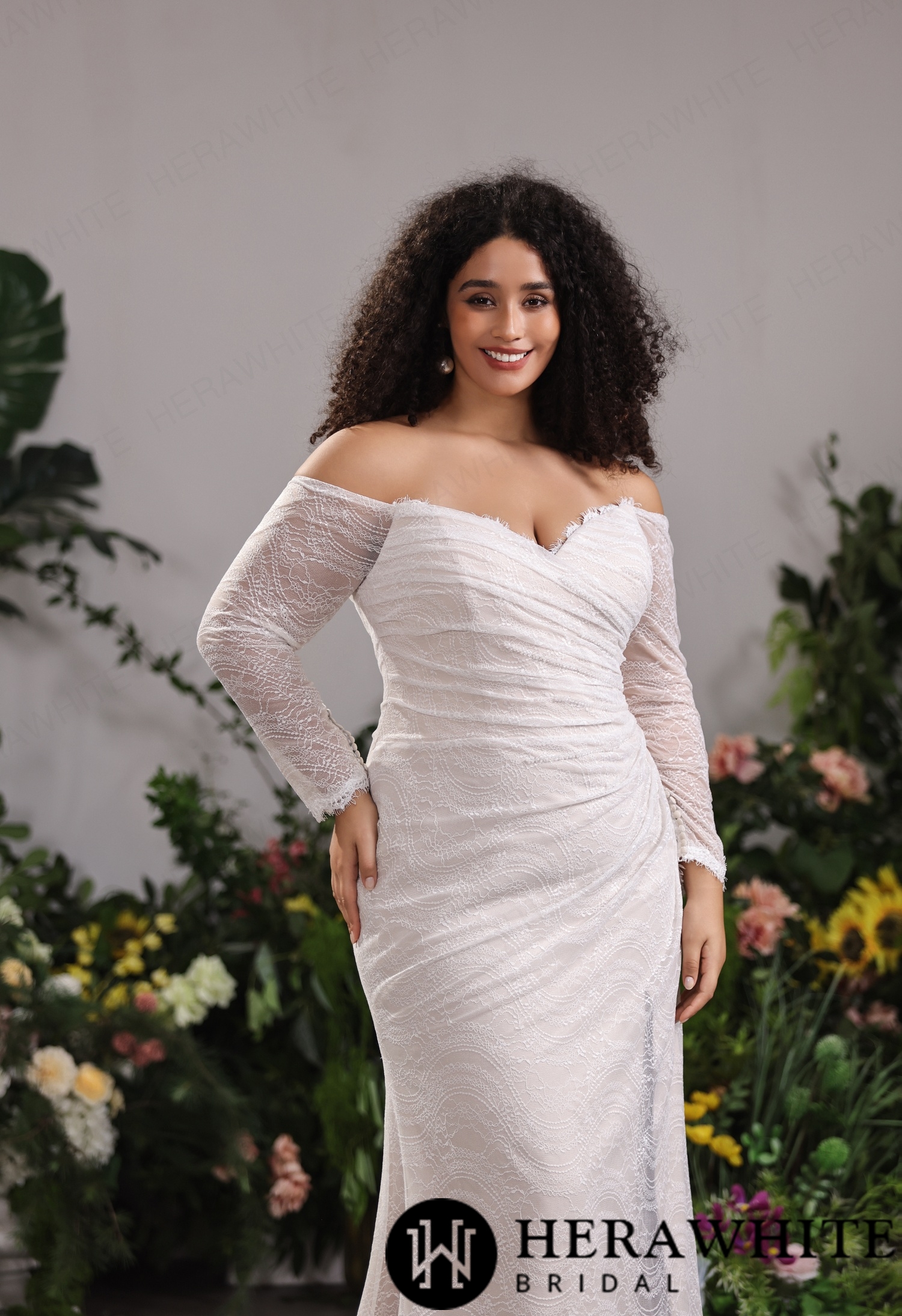 Textured Chantilly Lace Mermaid Dress– Convertible Off-Sleeve Bardot Frame With Removable Delicate Shoulder Straps