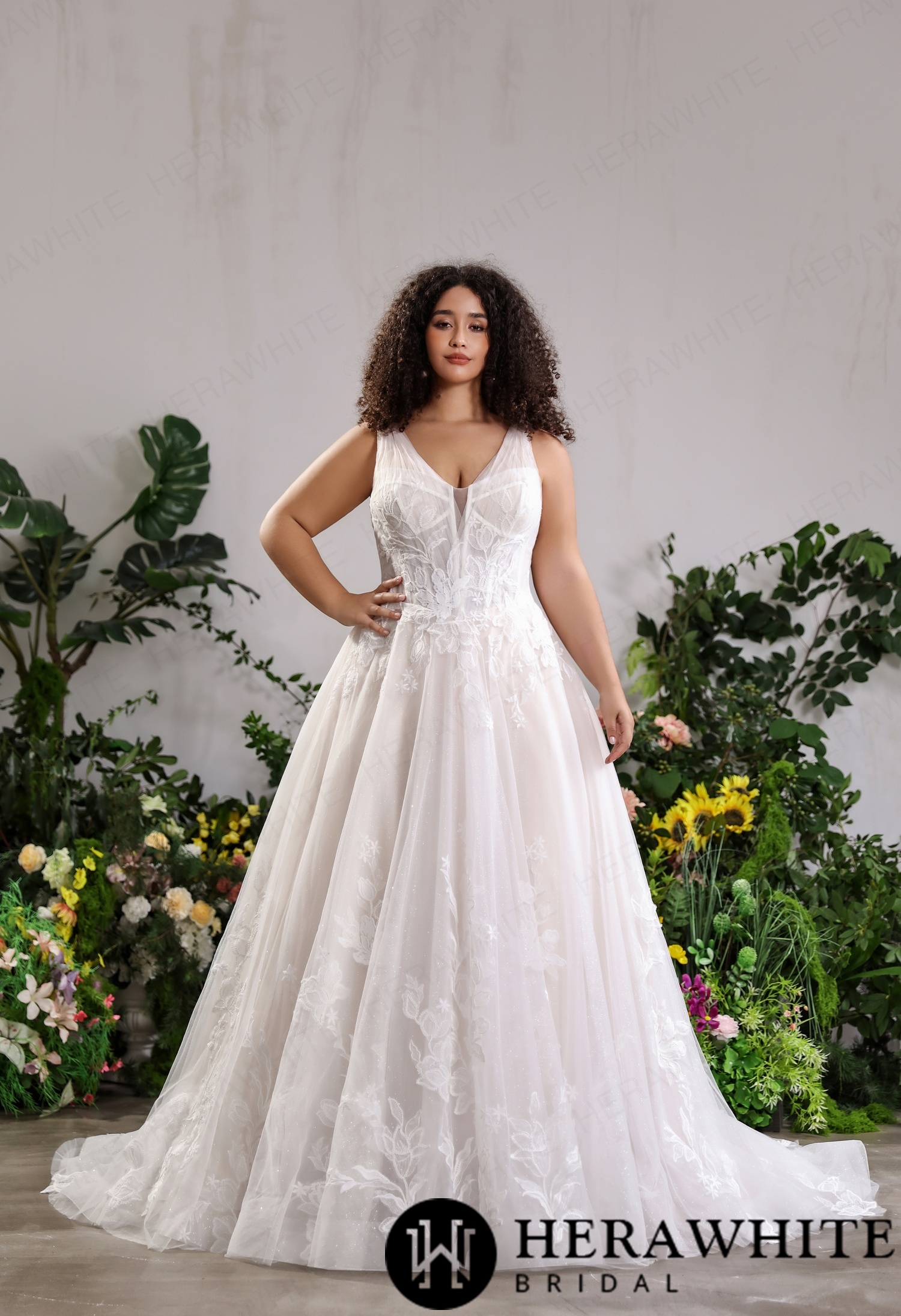 Classic Deep V Lace A-Line Bridal Gown for Curvy Brides