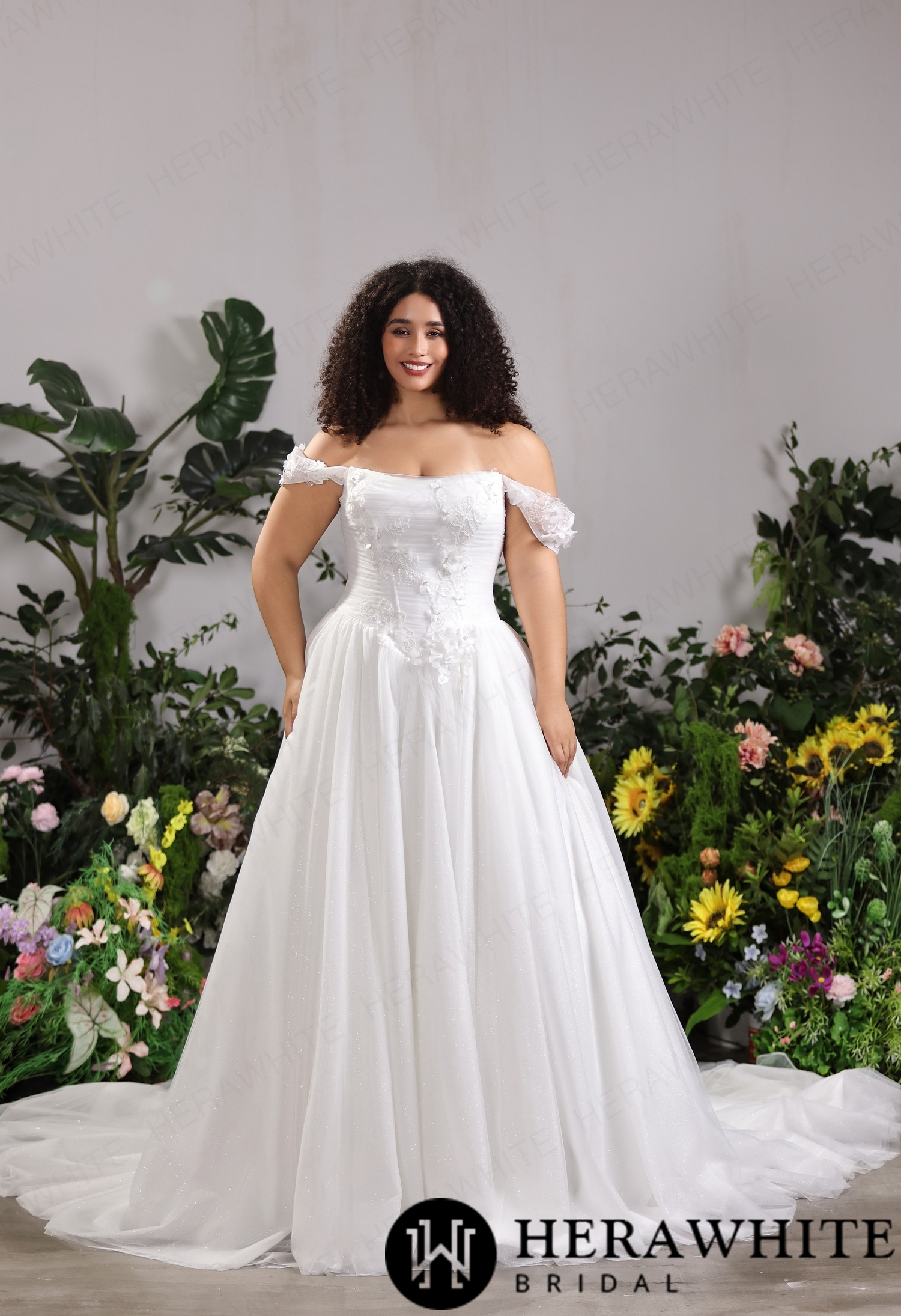 Bardot Tulle Ballgown For Curvaceous Silhouettes With Raised Floral Detailing