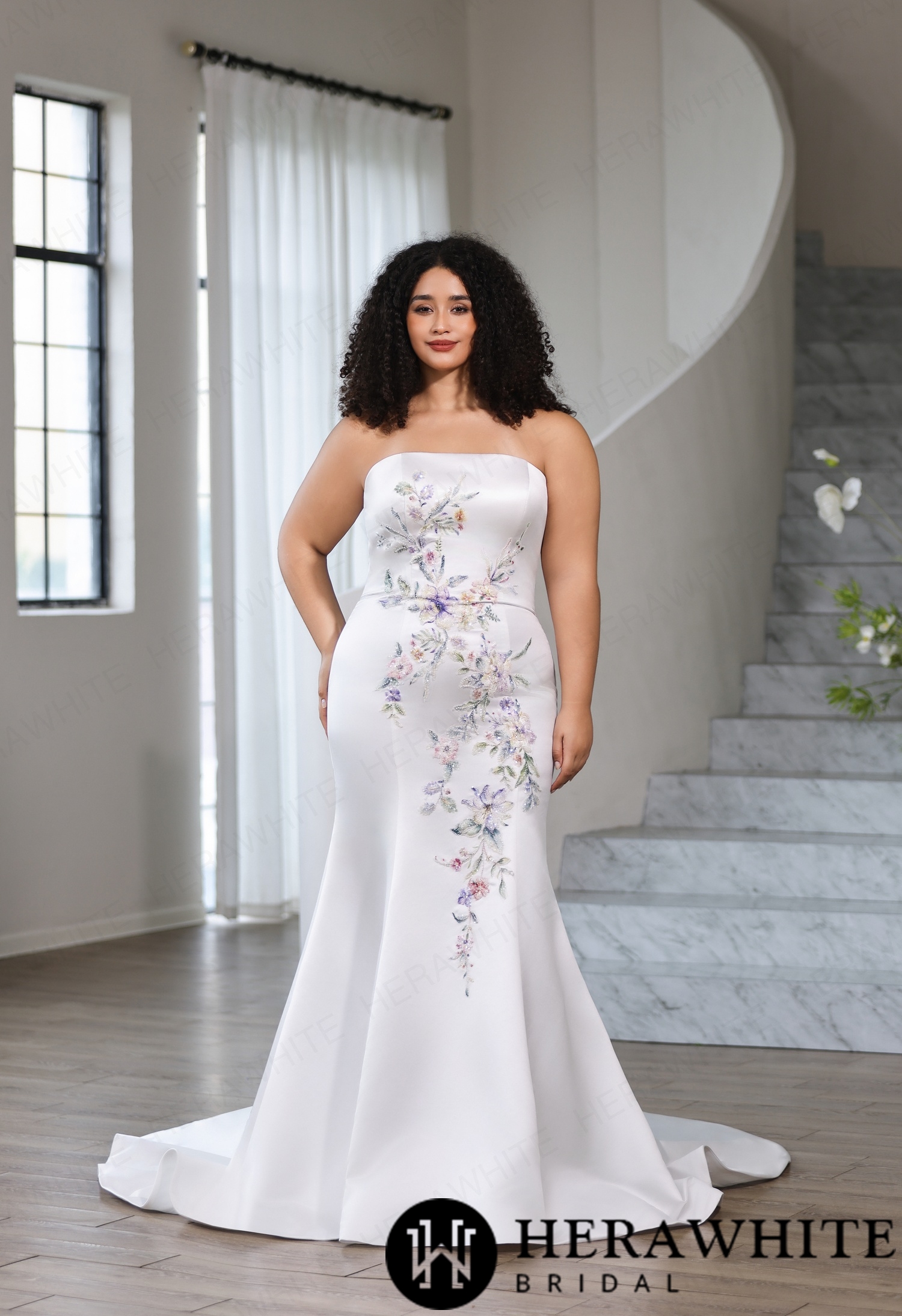 Colorful Straight Neckline Satin Fit-and-Flare Wedding Dress with Detachable Cap Sleeves & Optional Separate Overskirt