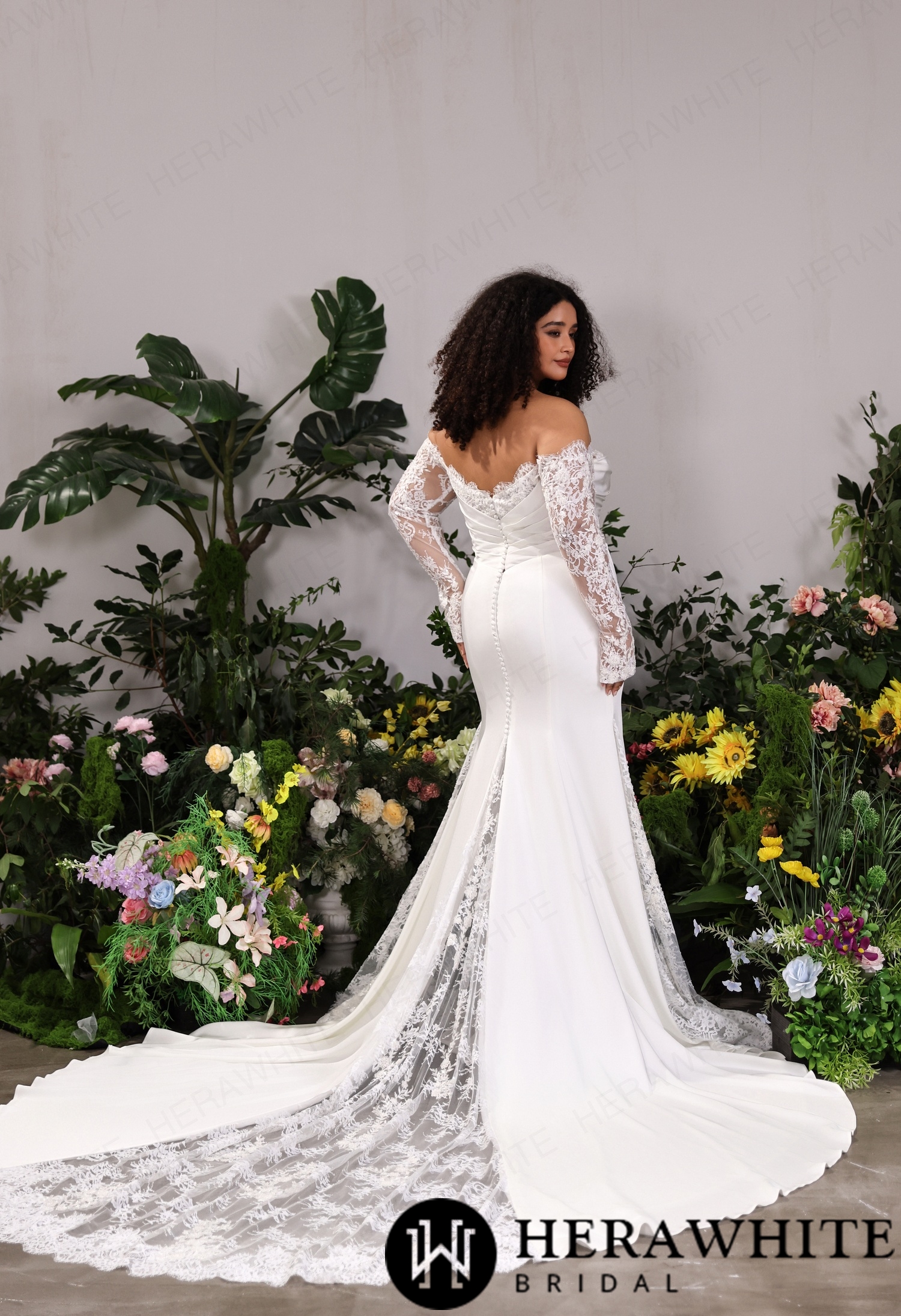Pleated Satin Wedding Dress– Removable Chantilly Lace Arm Sleeves & Asymmetrical Lace Flank Train