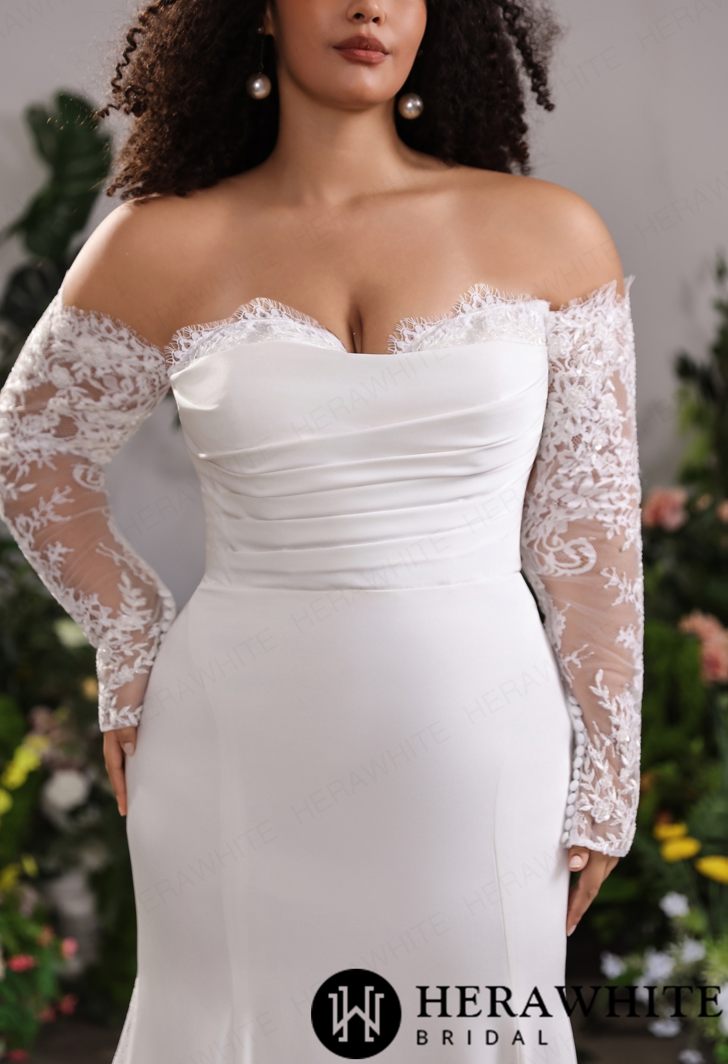Pleated Satin Wedding Dress– Removable Chantilly Lace Arm Sleeves & Asymmetrical Lace Flank Train