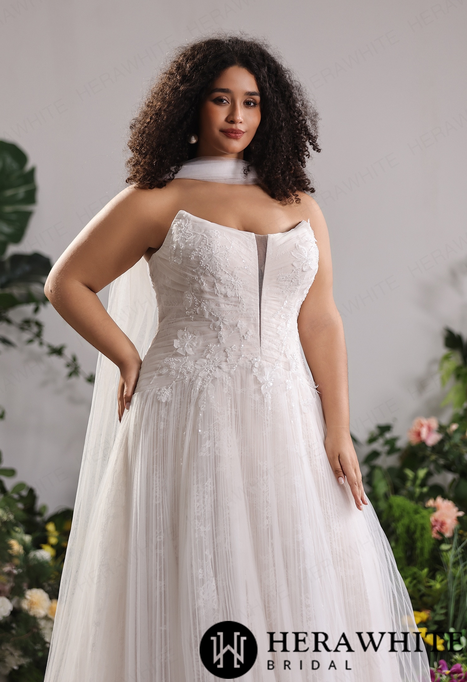 Glitter Lace Strapless Tulle A-Line Gown with Cat-Eye Bust & Attached Tulle Shoulder Cape