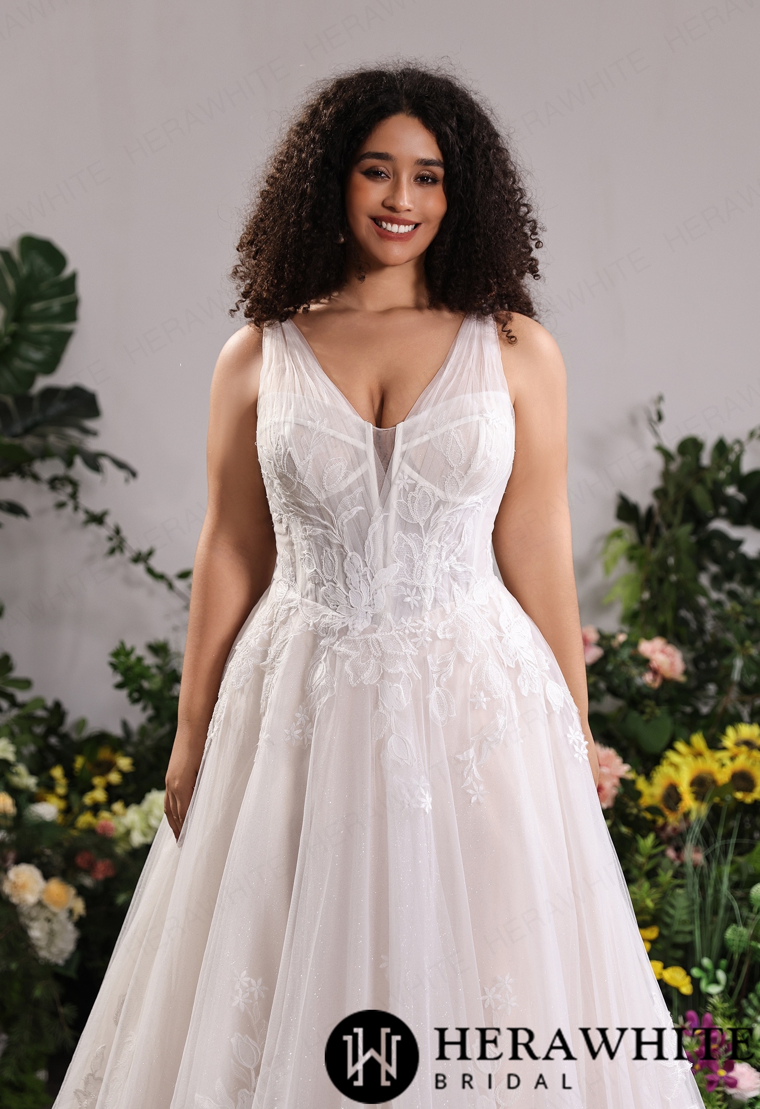 Classic Deep V Lace A-Line Bridal Gown for Curvy Brides