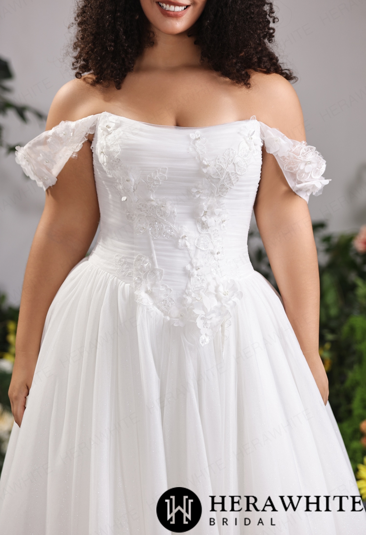 Bardot Tulle Ballgown For Curvaceous Silhouettes With Raised Floral Detailing