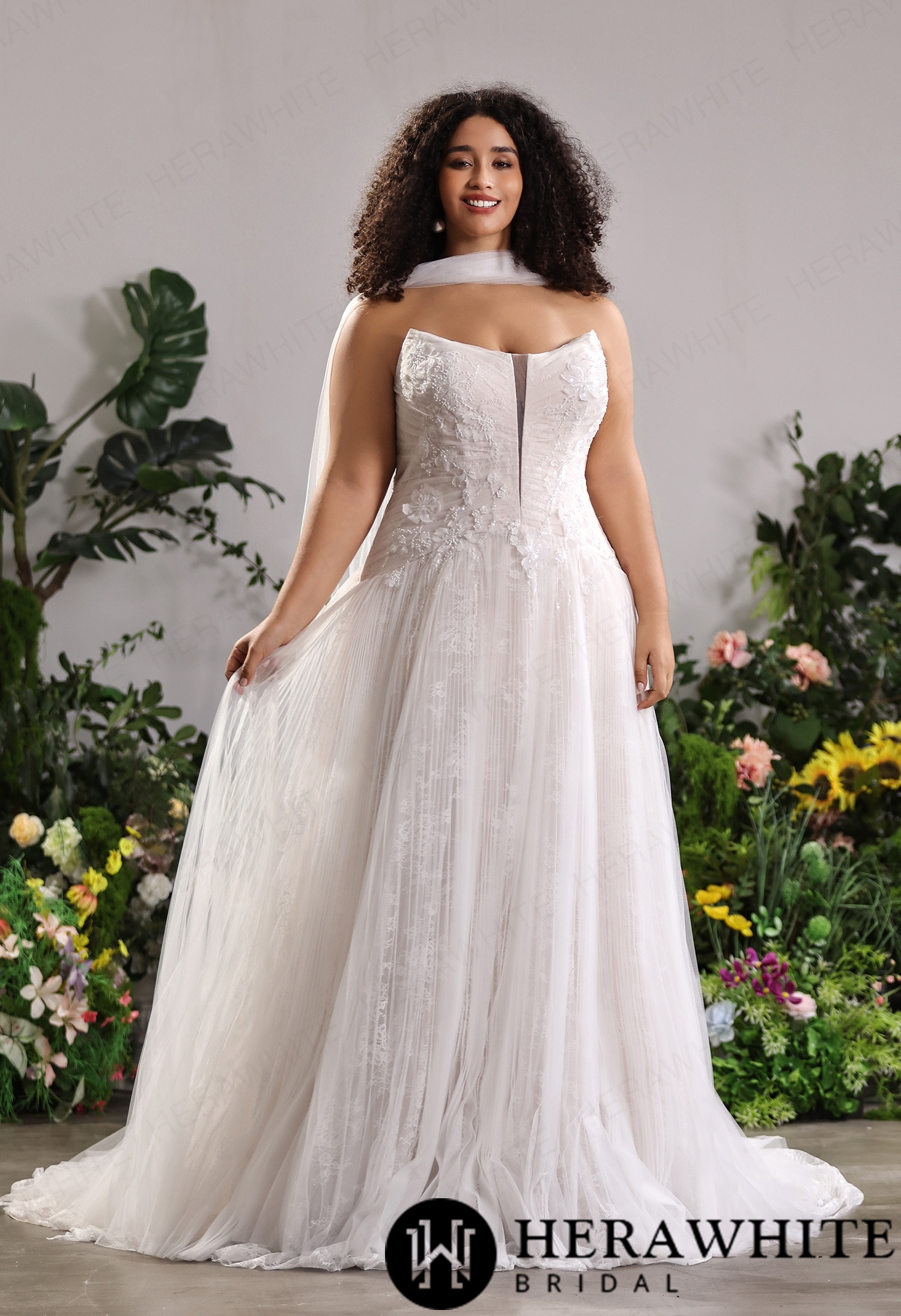 Glitter Lace Strapless Tulle A-Line Gown with Cat-Eye Bust & Attached Tulle Shoulder Cape