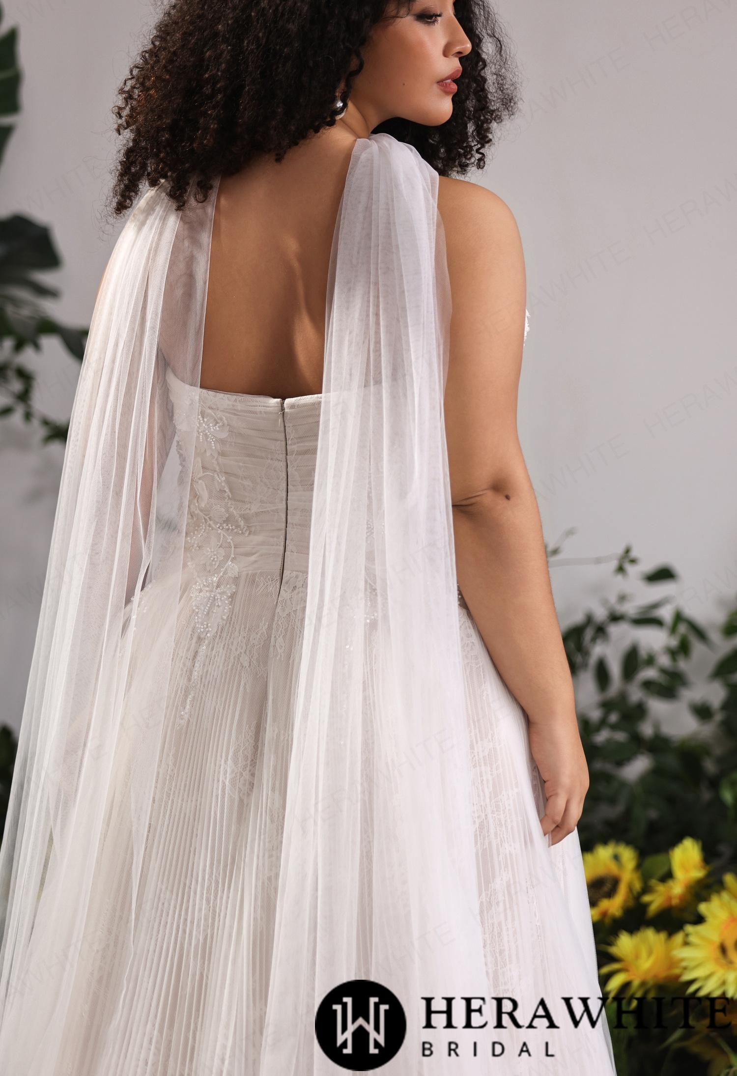 Glitter Lace Strapless Tulle A-Line Gown with Cat-Eye Bust & Attached Tulle Shoulder Cape