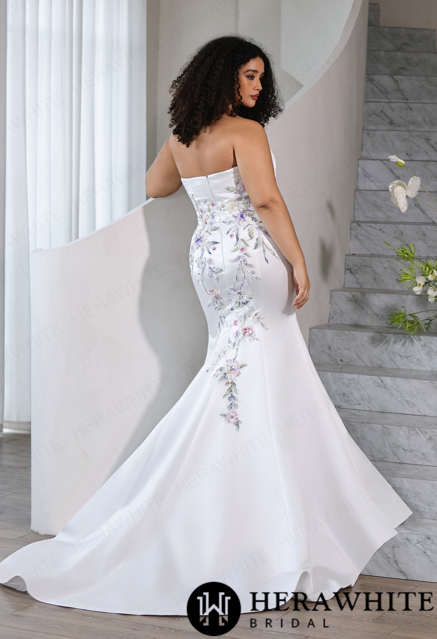 Colorful Straight Neckline Satin Fit-and-Flare Wedding Dress with Detachable Cap Sleeves & Optional Separate Overskirt
