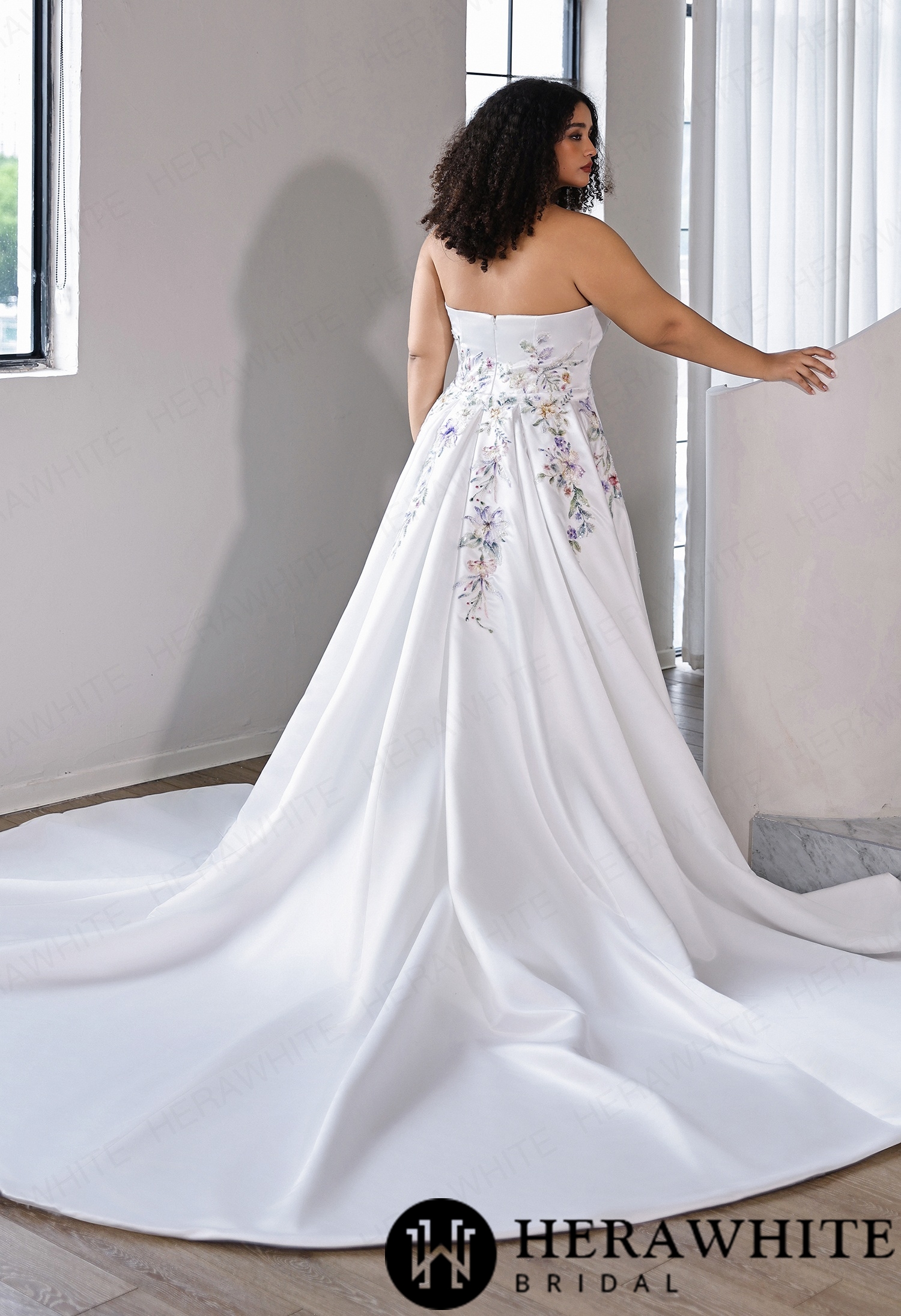 Colorful Straight Neckline Satin Fit-and-Flare Wedding Dress with Detachable Cap Sleeves & Optional Separate Overskirt