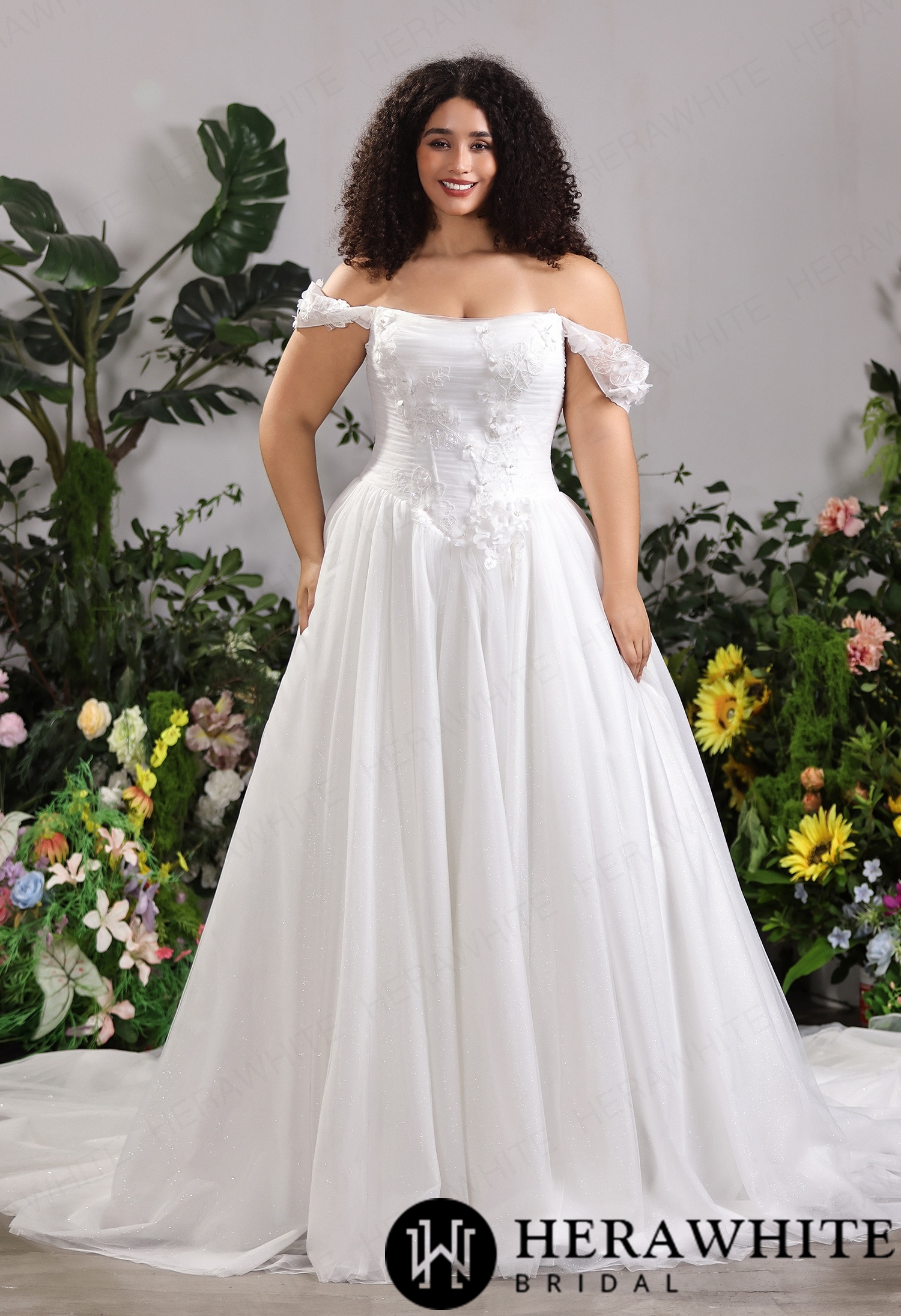 Bardot Tulle Ballgown For Curvaceous Silhouettes With Raised Floral Detailing