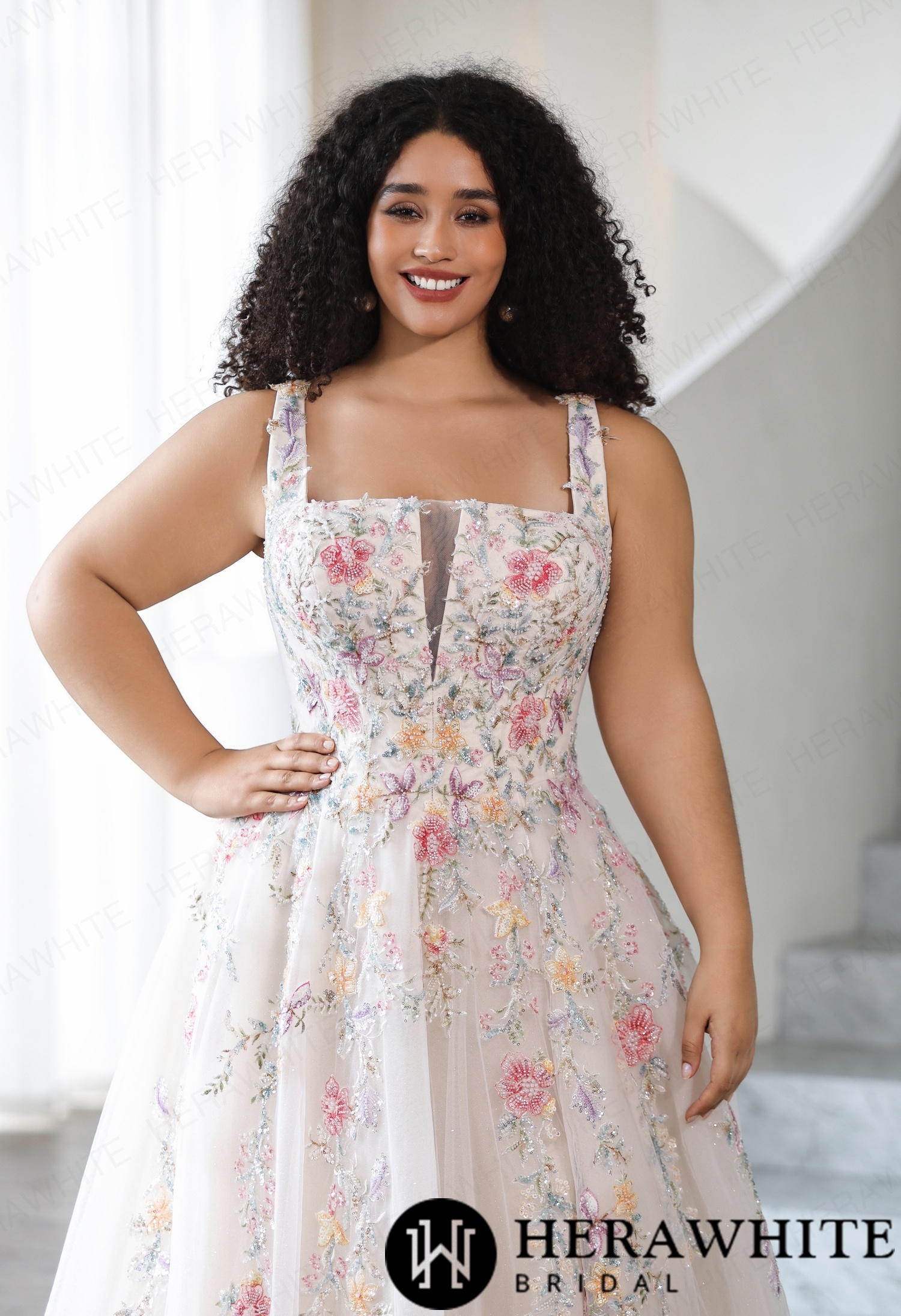 Whimsical Beaded Floral Embroidered Plus Size A-Line Wedding Dress