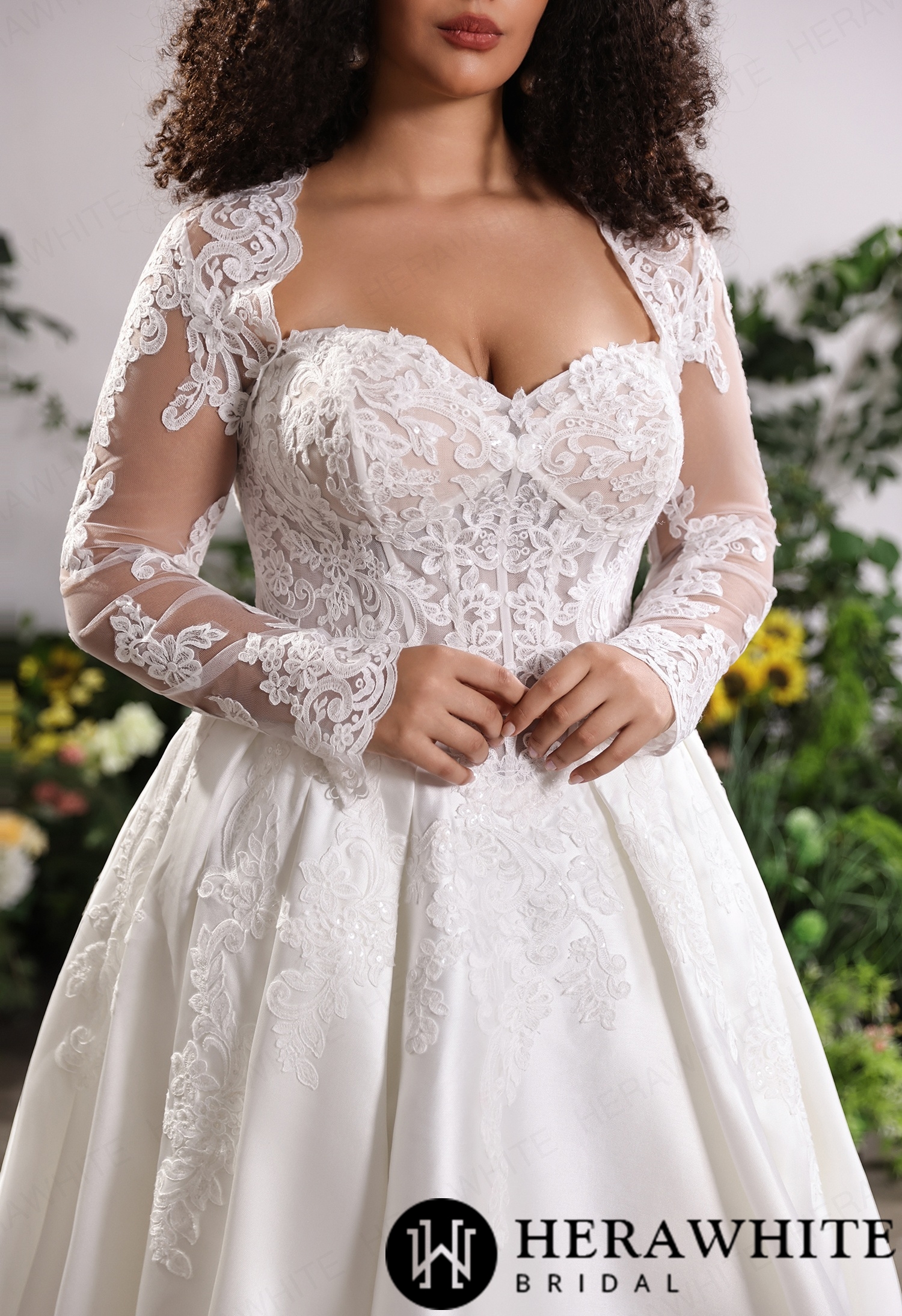 Lustrous Fluid Mikado Bridal Silhouette – Convertible Lace Overlay Jacket with Sheer Floral Arm Cuffs & Front Slit Train