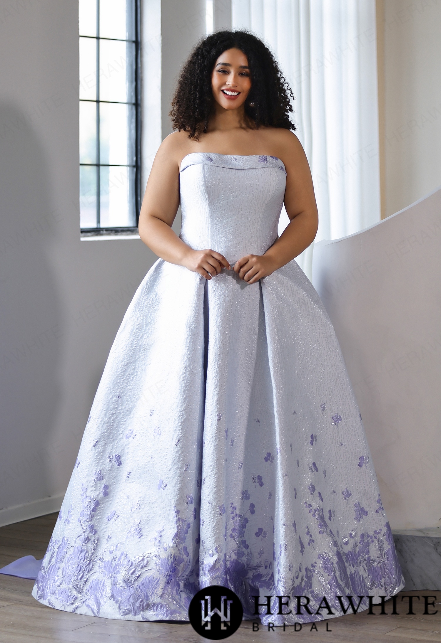 Plus Size Off Shoulder Jacquard Ball Gown Wedding Dress with Matching Lavender Bow Train