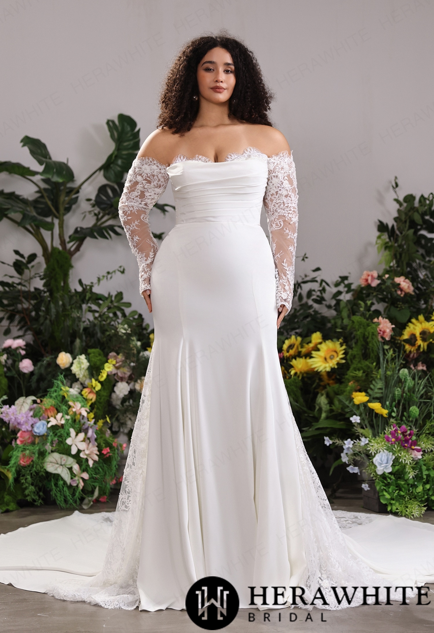 Pleated Satin Wedding Dress– Removable Chantilly Lace Arm Sleeves & Asymmetrical Lace Flank Train