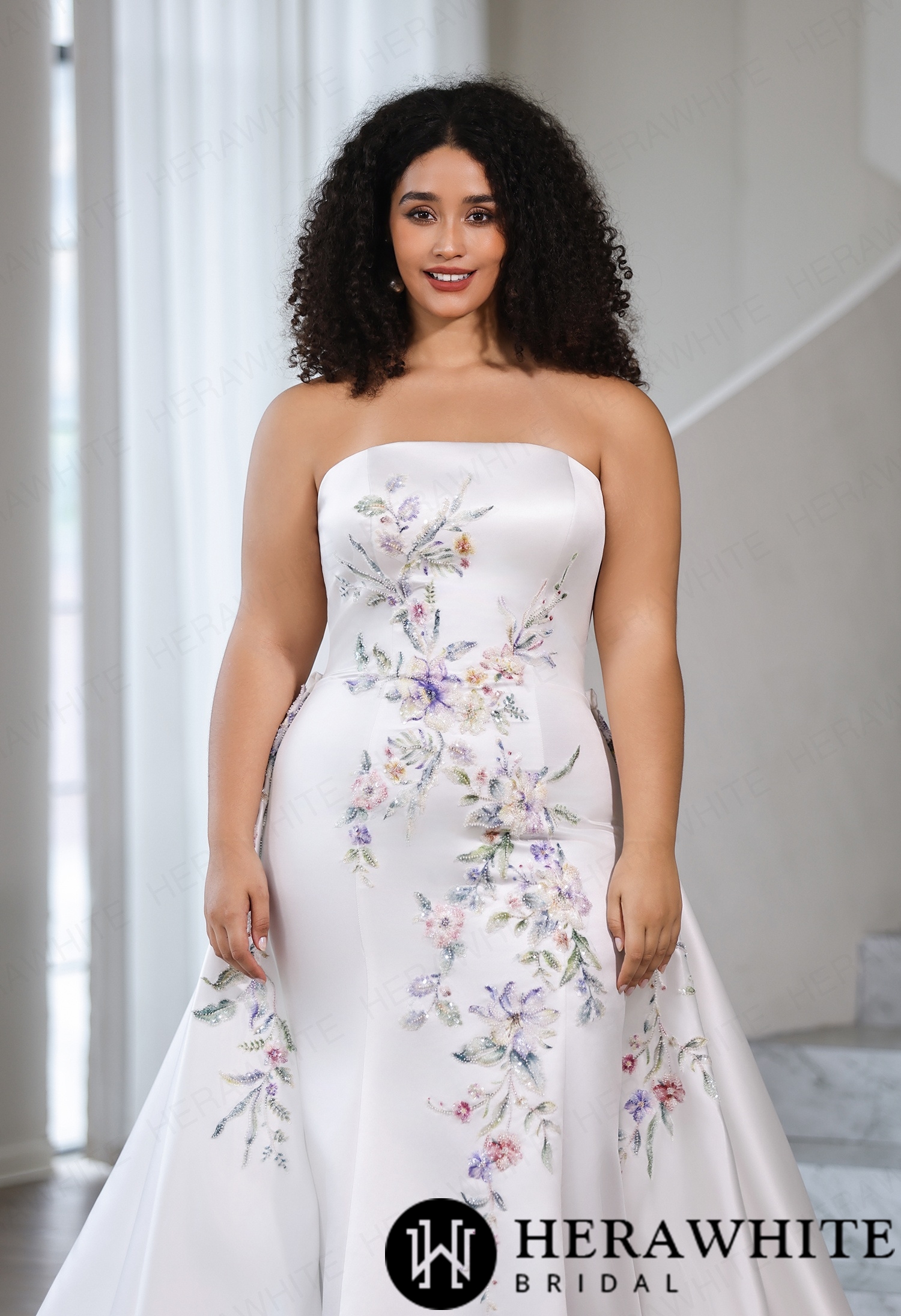 Colorful Straight Neckline Satin Fit-and-Flare Wedding Dress with Detachable Cap Sleeves & Optional Separate Overskirt