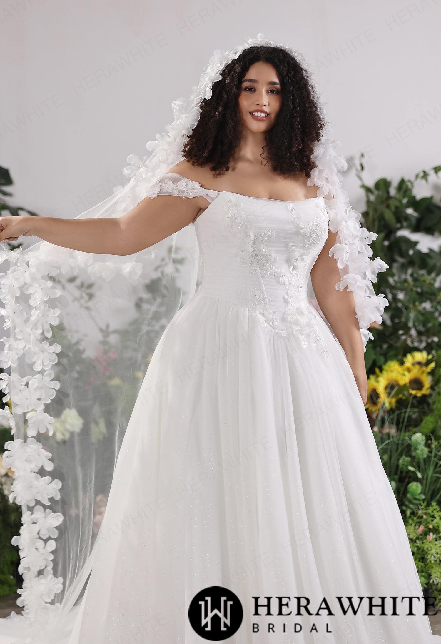 Bardot Tulle Ballgown For Curvaceous Silhouettes With Raised Floral Detailing