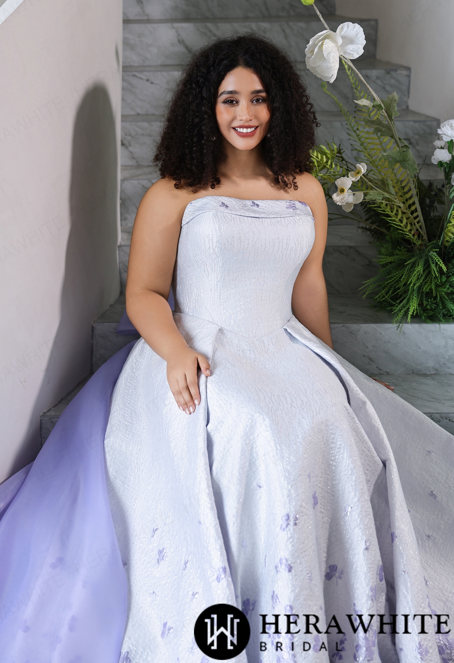 Plus Size Off Shoulder Jacquard Ball Gown Wedding Dress with Matching Lavender Bow Train