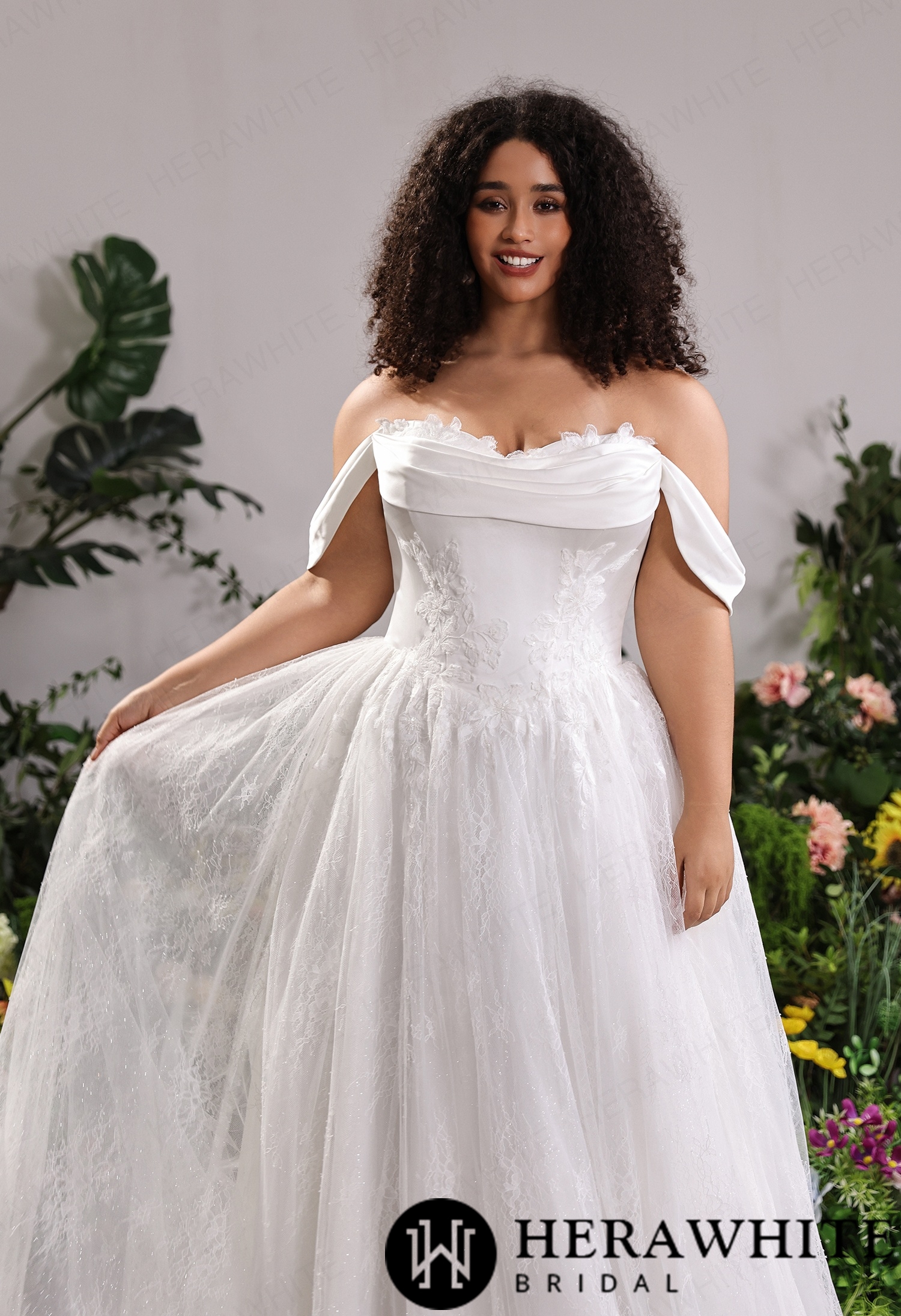 Off-the-Shoulder Satin Lace Ball Gown with Matching Satin Straps