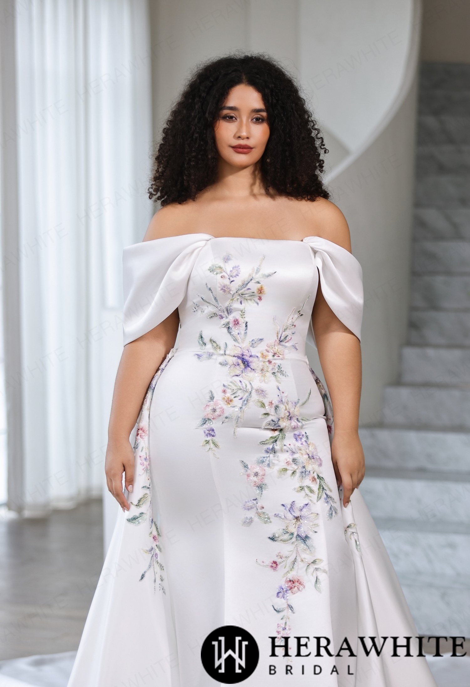 Colorful Straight Neckline Satin Fit-and-Flare Wedding Dress with Detachable Cap Sleeves & Optional Separate Overskirt
