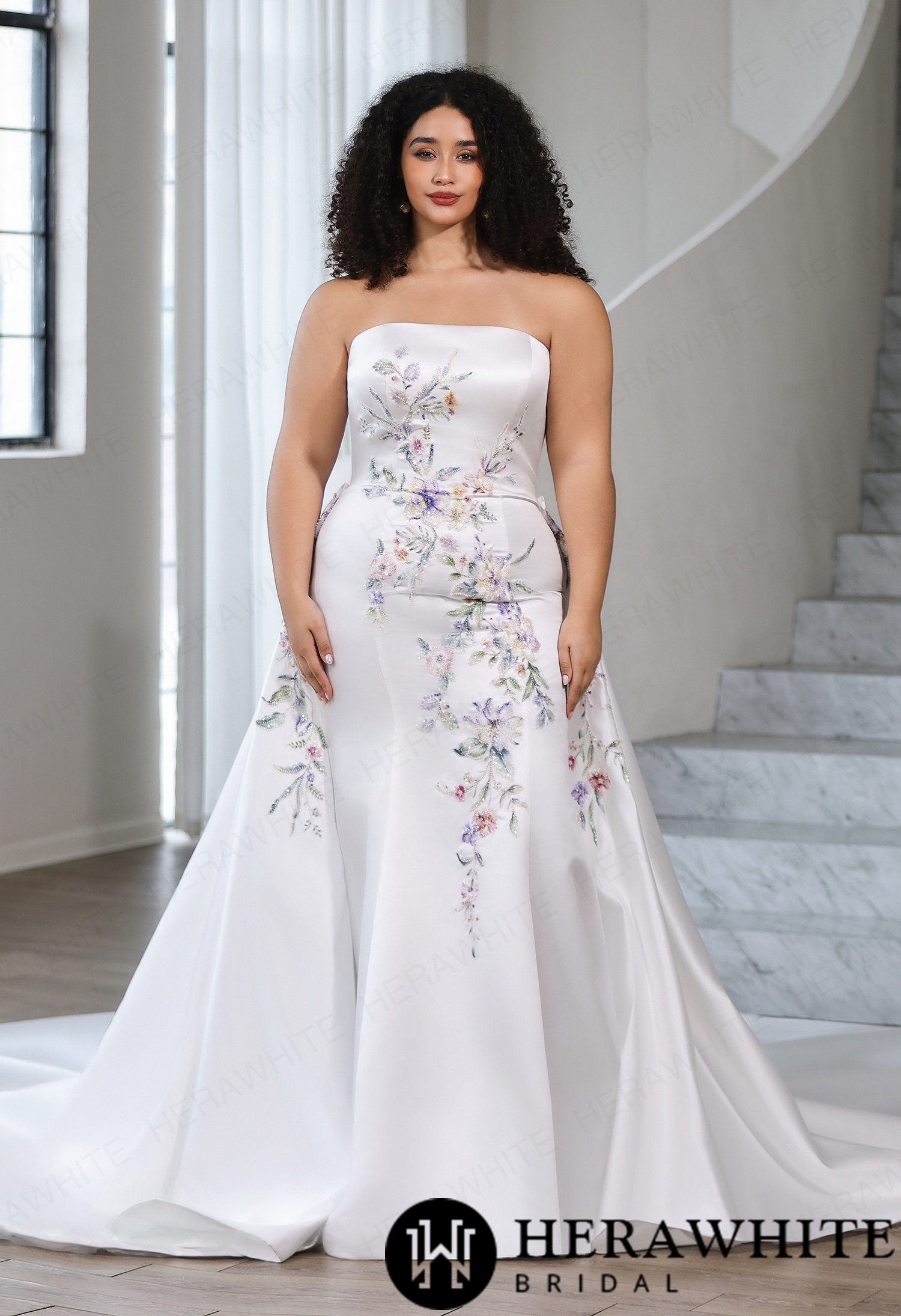 Colorful Straight Neckline Satin Fit-and-Flare Wedding Dress with Detachable Cap Sleeves & Optional Separate Overskirt