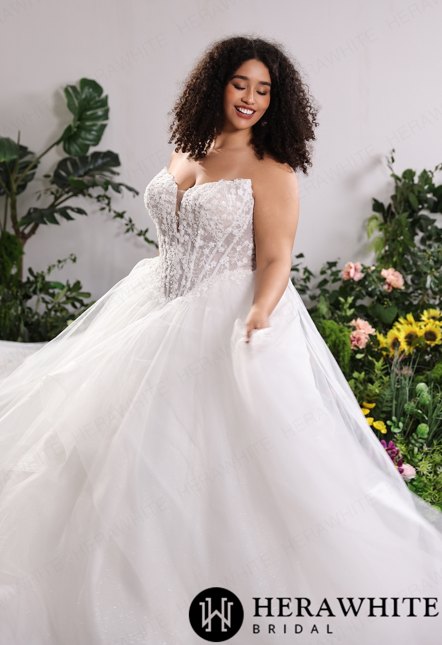 Ethereal Strapless Sweetheart Lace Plus Size Ballgown Wedding Dress with Ruffled Tulle Skirt