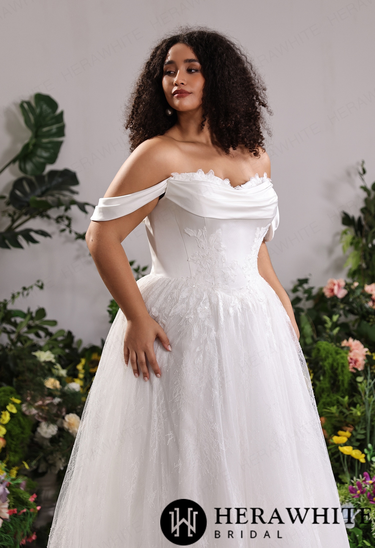 Off-the-Shoulder Satin Lace Ball Gown with Matching Satin Straps