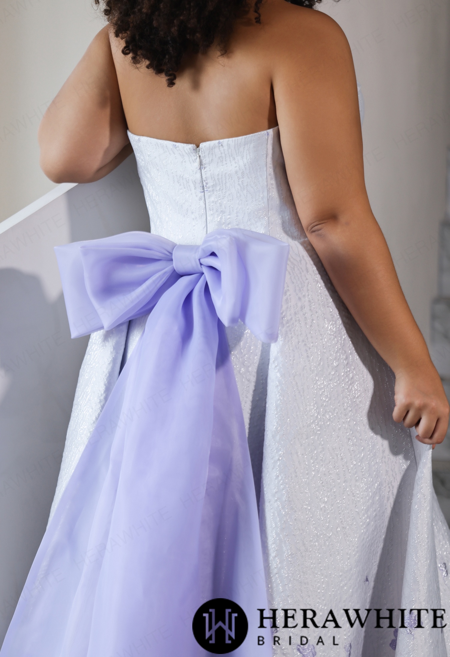 Plus Size Off Shoulder Jacquard Ball Gown Wedding Dress with Matching Lavender Bow Train