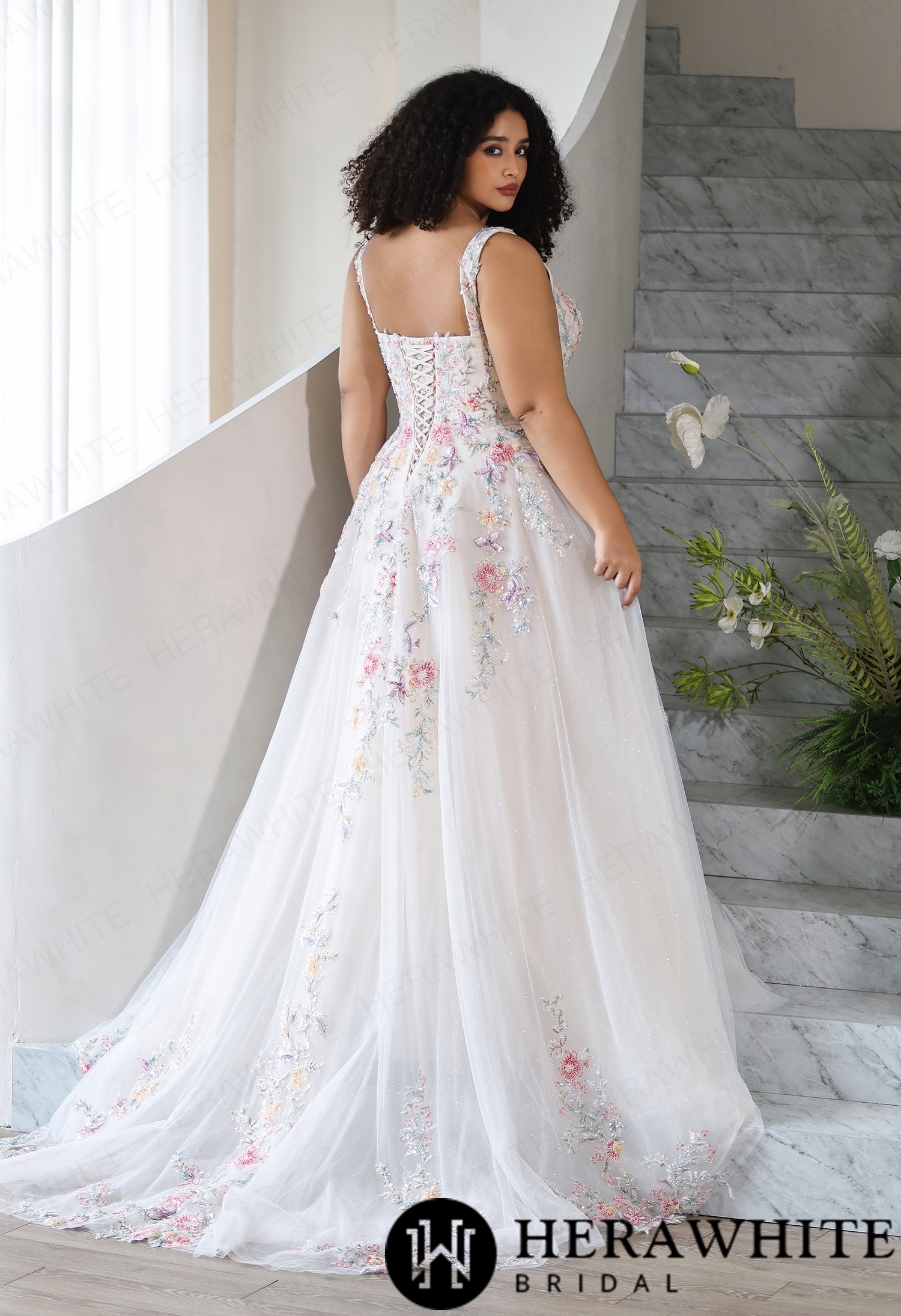 Whimsical Beaded Floral Embroidered Plus Size A-Line Wedding Dress