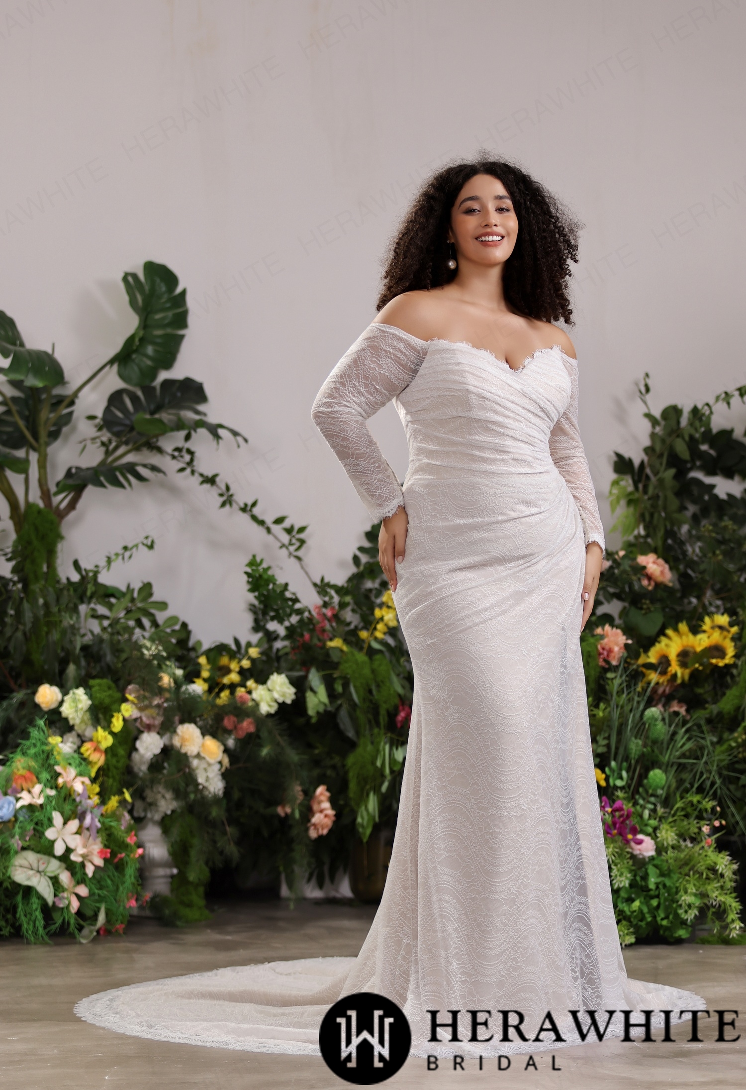 Textured Chantilly Lace Mermaid Dress– Convertible Off-Sleeve Bardot Frame With Removable Delicate Shoulder Straps