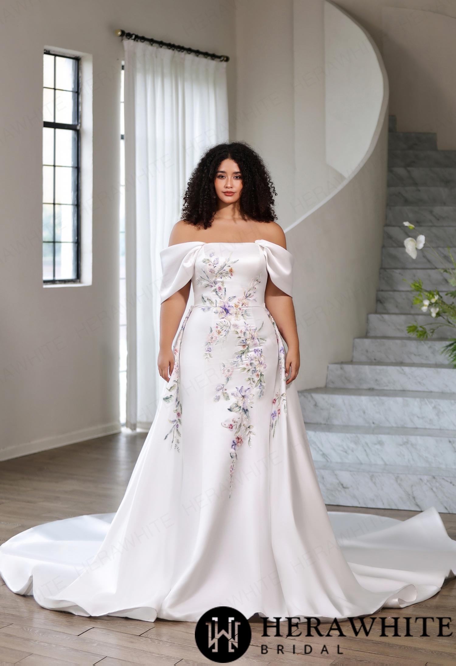 Colorful Straight Neckline Satin Fit-and-Flare Wedding Dress with Detachable Cap Sleeves & Optional Separate Overskirt