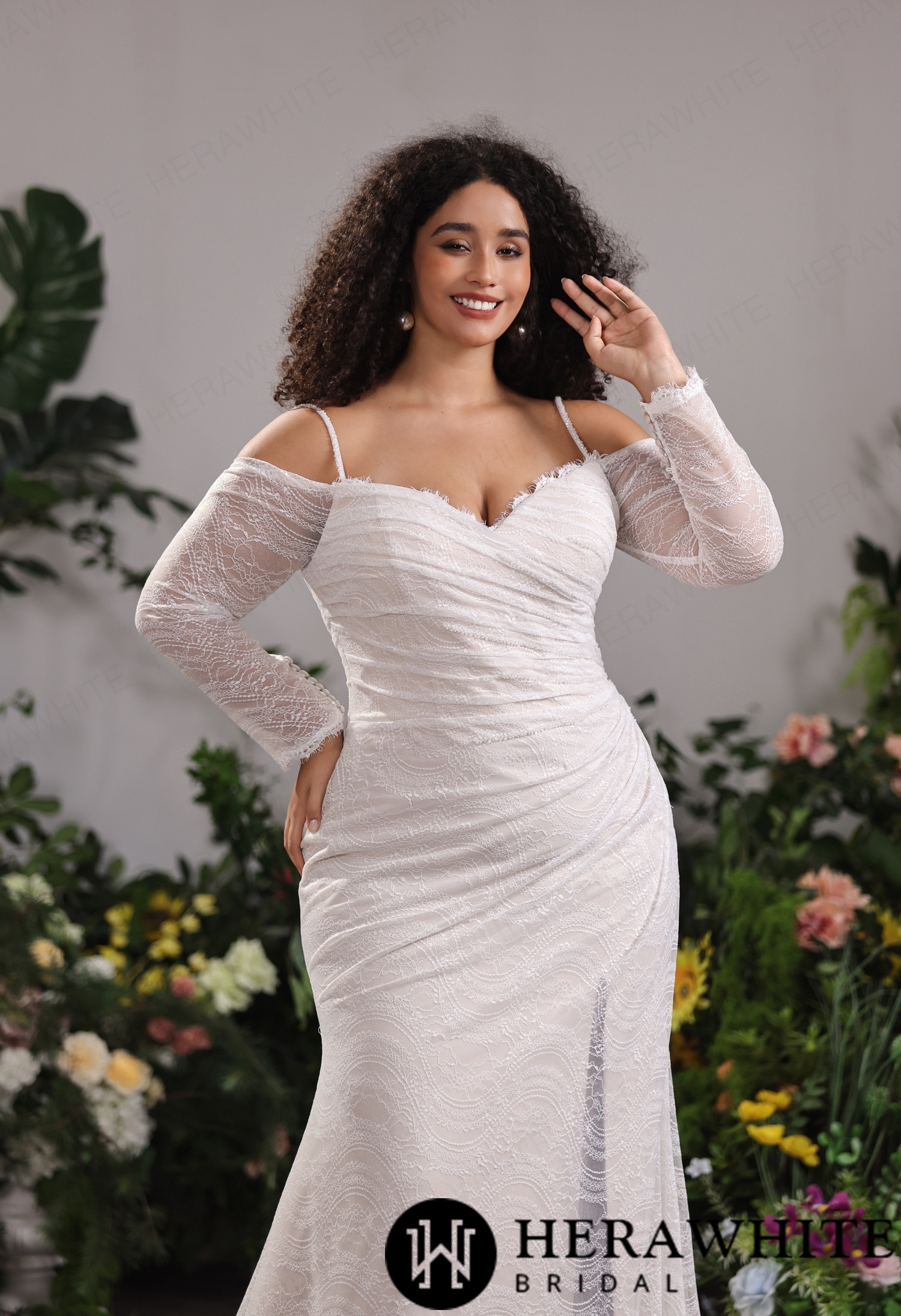 Textured Chantilly Lace Mermaid Dress– Convertible Off-Sleeve Bardot Frame With Removable Delicate Shoulder Straps