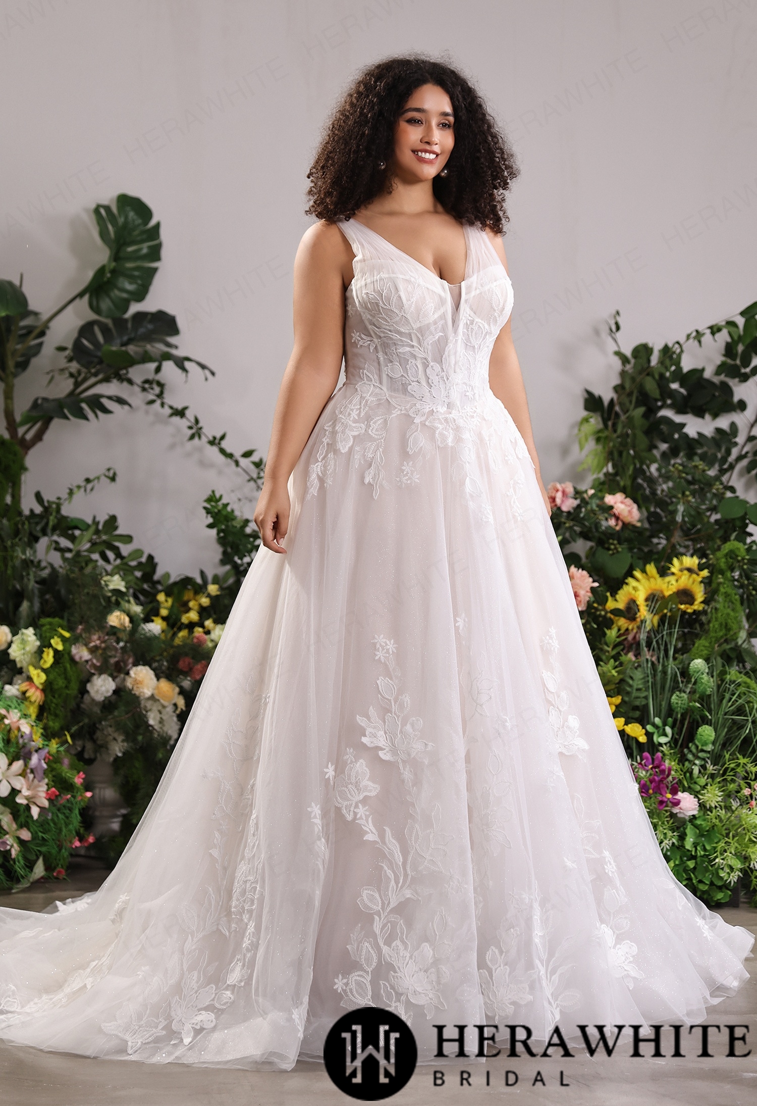 Classic Deep V Lace A-Line Bridal Gown for Curvy Brides