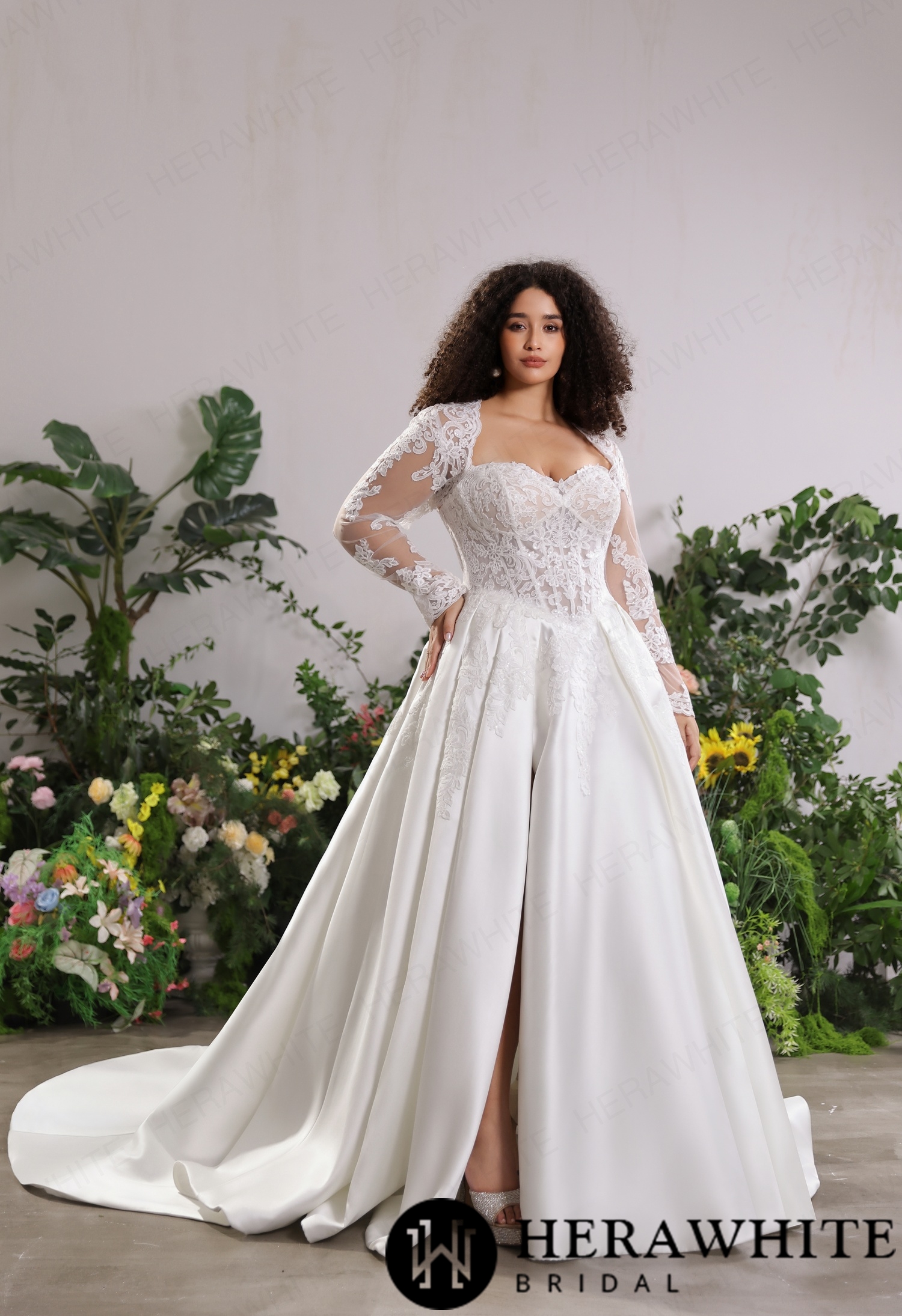 Lustrous Fluid Mikado Bridal Silhouette – Convertible Lace Overlay Jacket with Sheer Floral Arm Cuffs & Front Slit Train