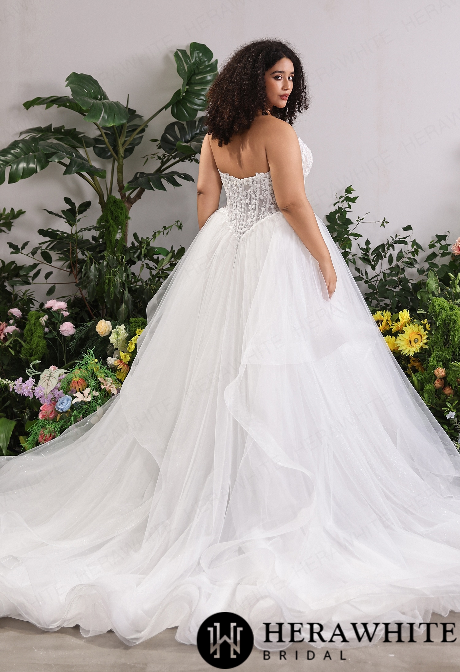 Ethereal Strapless Sweetheart Lace Plus Size Ballgown Wedding Dress with Ruffled Tulle Skirt
