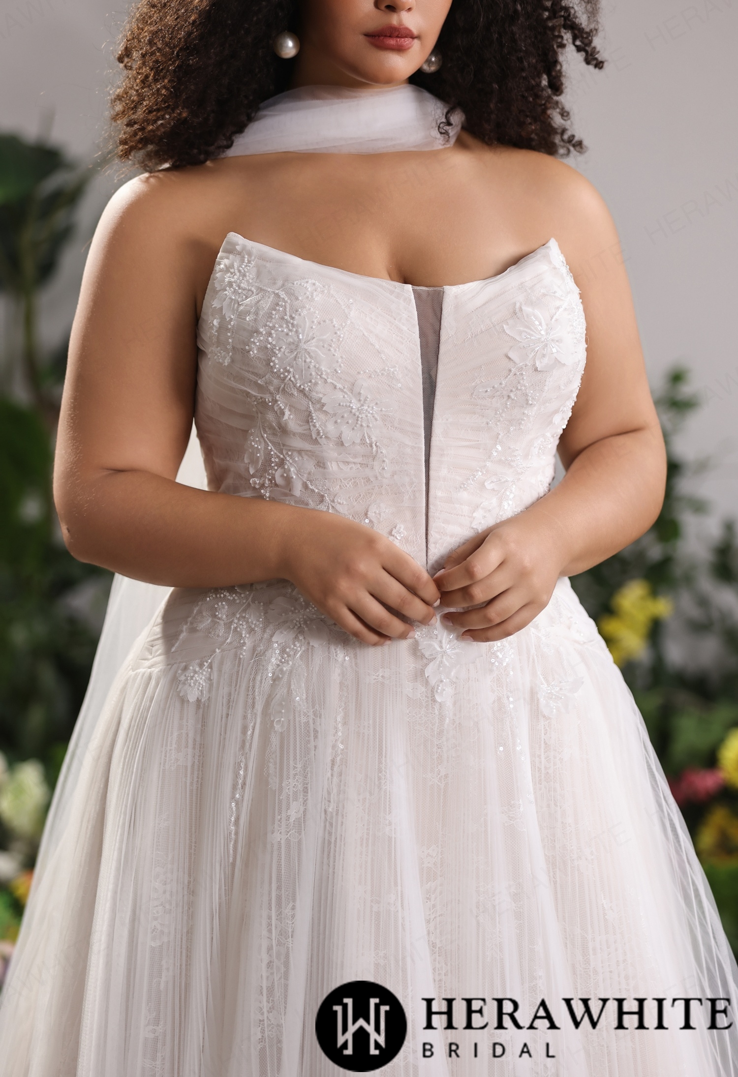 Glitter Lace Strapless Tulle A-Line Gown with Cat-Eye Bust & Attached Tulle Shoulder Cape