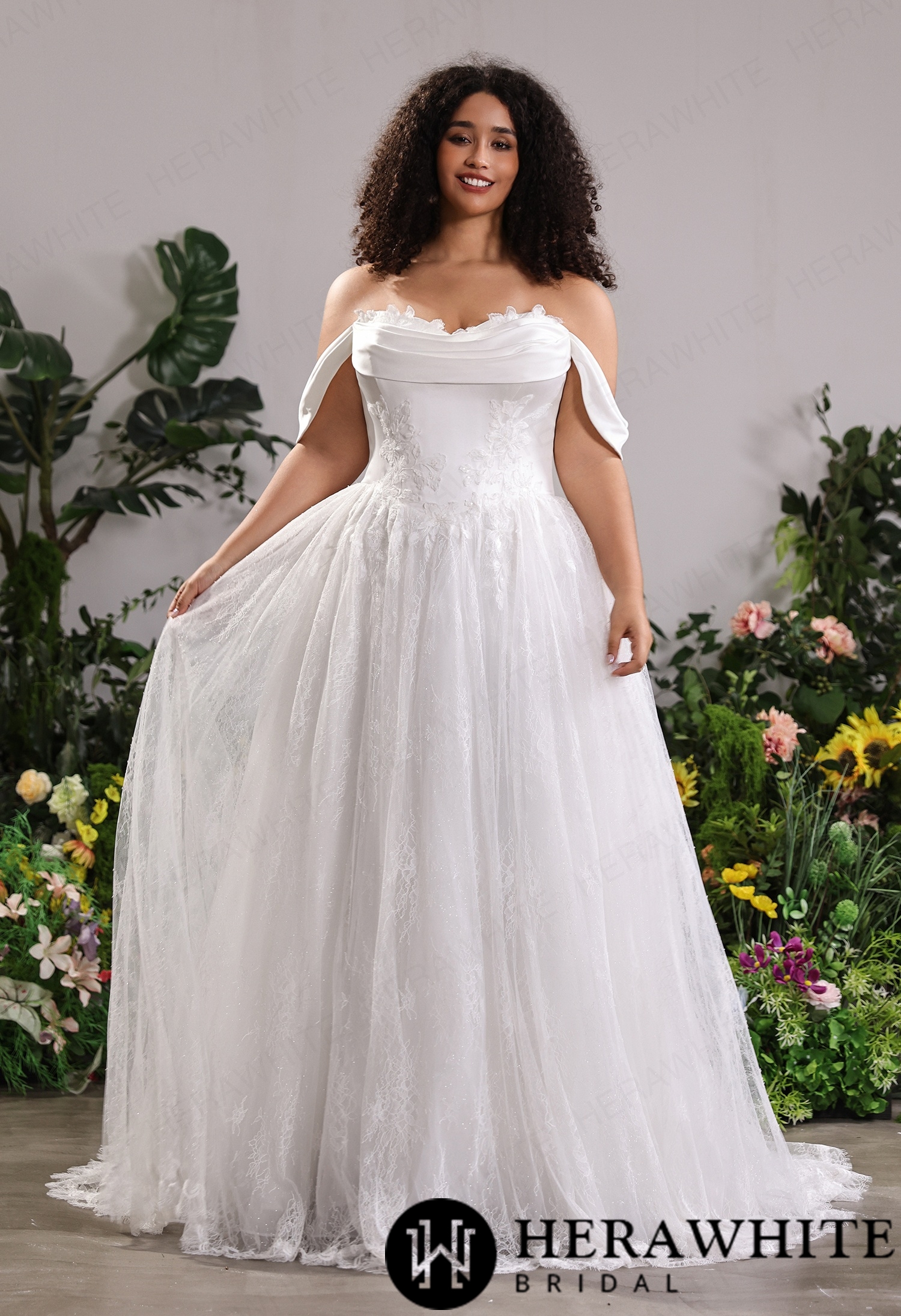 Off-the-Shoulder Satin Lace Ball Gown with Matching Satin Straps