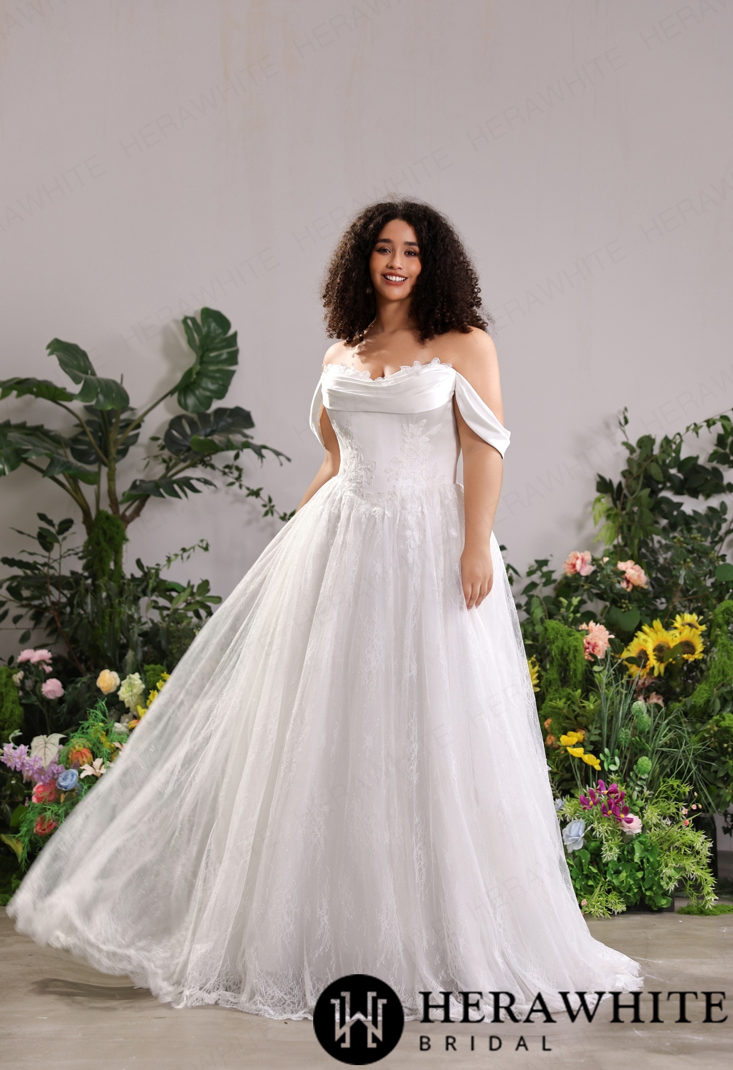 Off-the-Shoulder Satin Lace Ball Gown with Matching Satin Straps