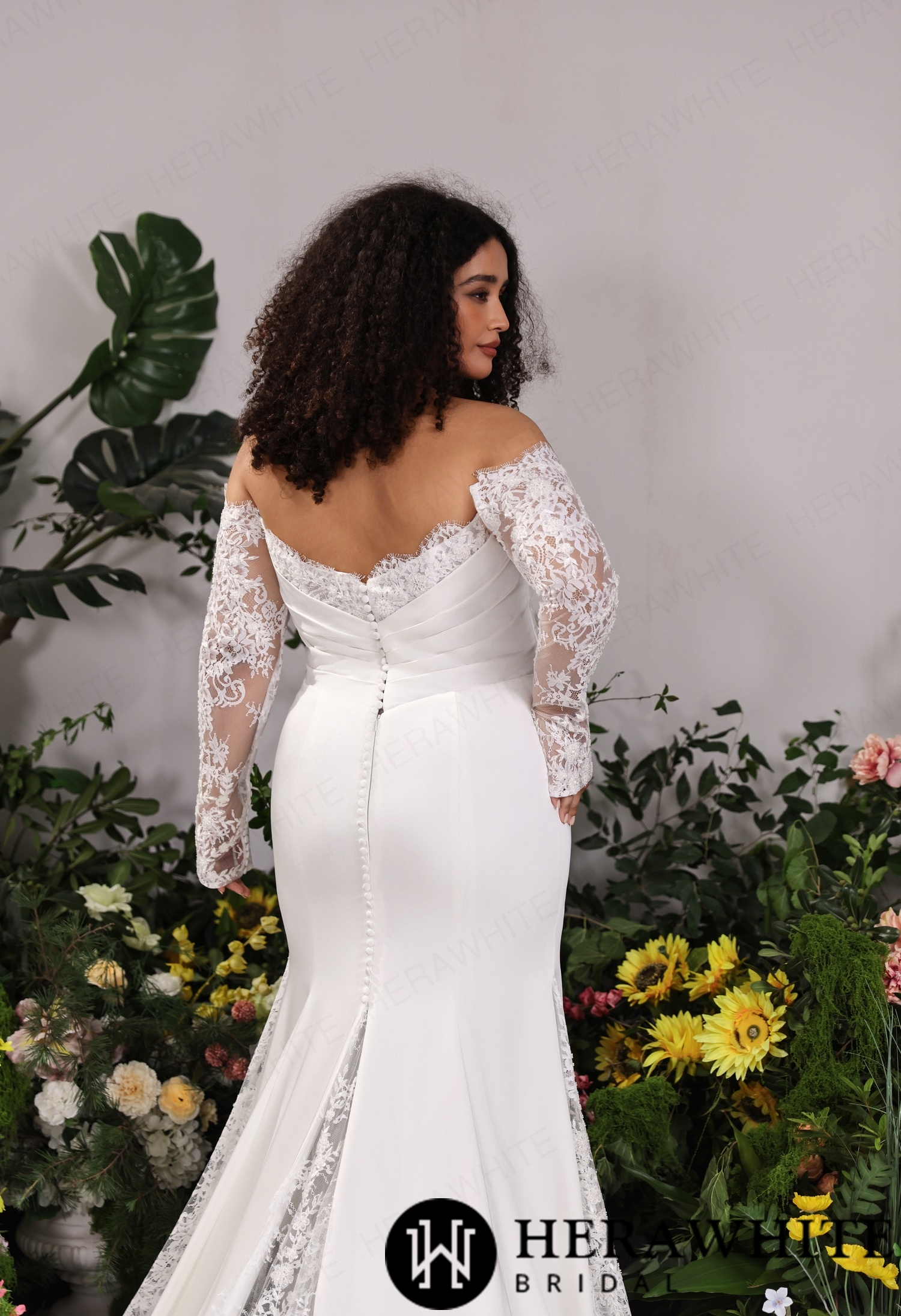 Pleated Satin Wedding Dress– Removable Chantilly Lace Arm Sleeves & Asymmetrical Lace Flank Train
