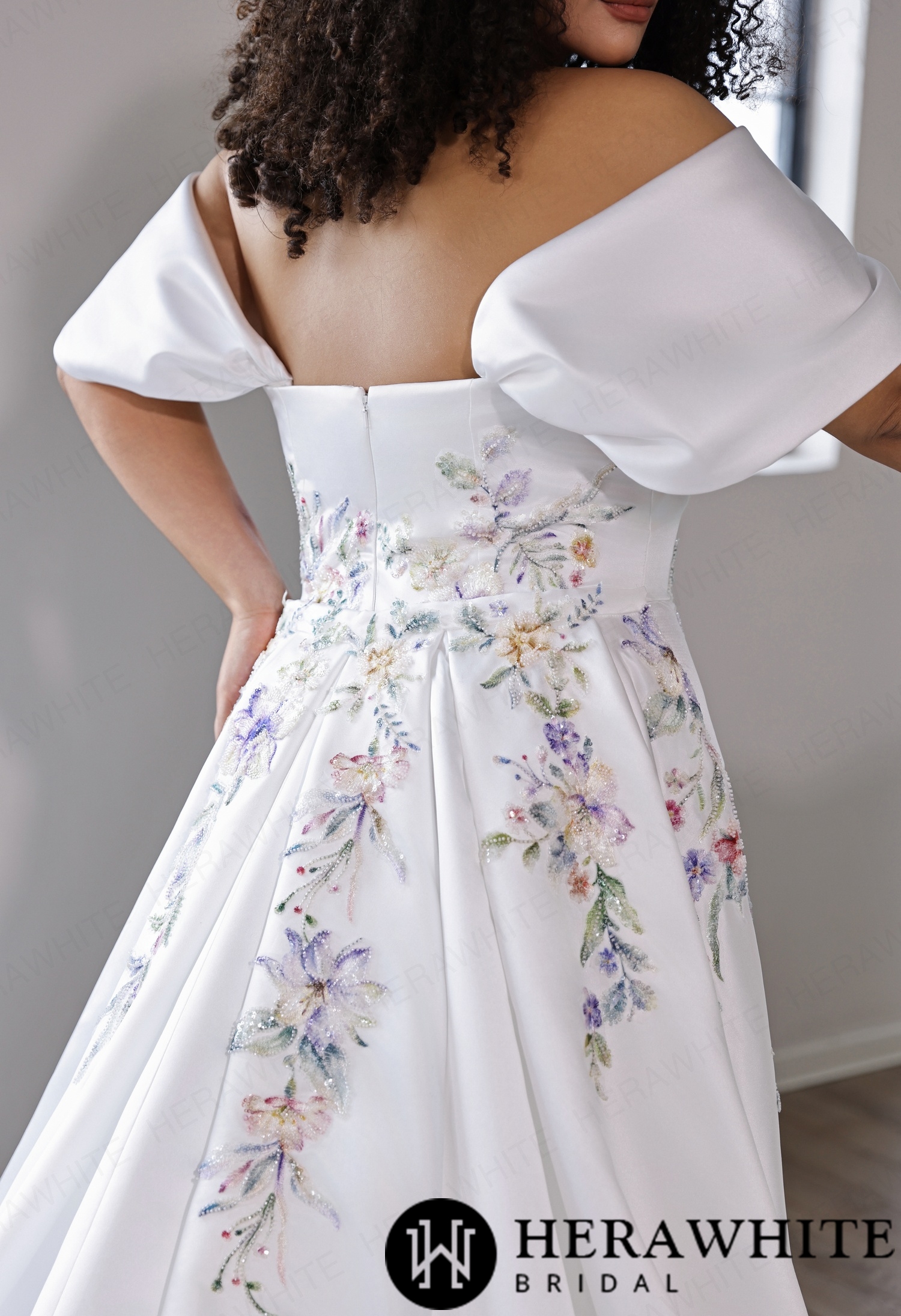 Colorful Straight Neckline Satin Fit-and-Flare Wedding Dress with Detachable Cap Sleeves & Optional Separate Overskirt