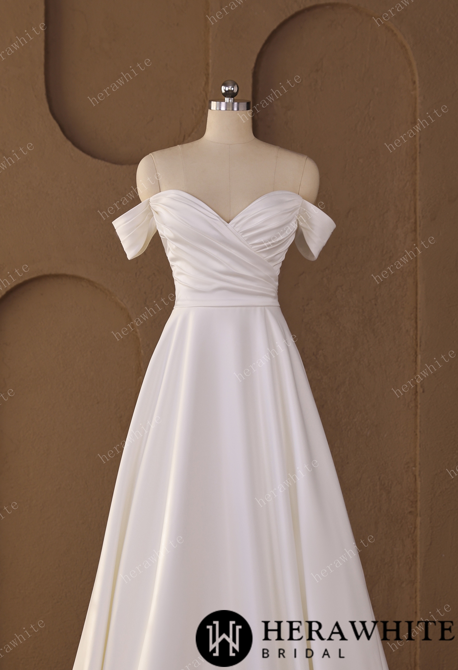 In Stock/ Off-Shoulder Sweetheart Satin A-line Wedding Gown With Draped Bodice & Cap Sleeves