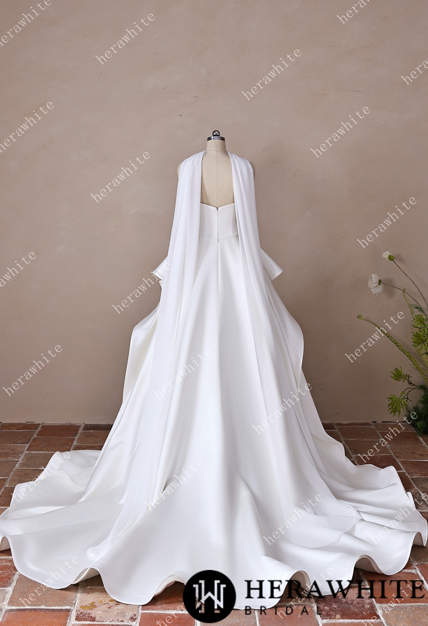 In Stock/ Scoop Neck Satin Bridal Gown with Asymmetric Pleats Waist & Detachable Scarf