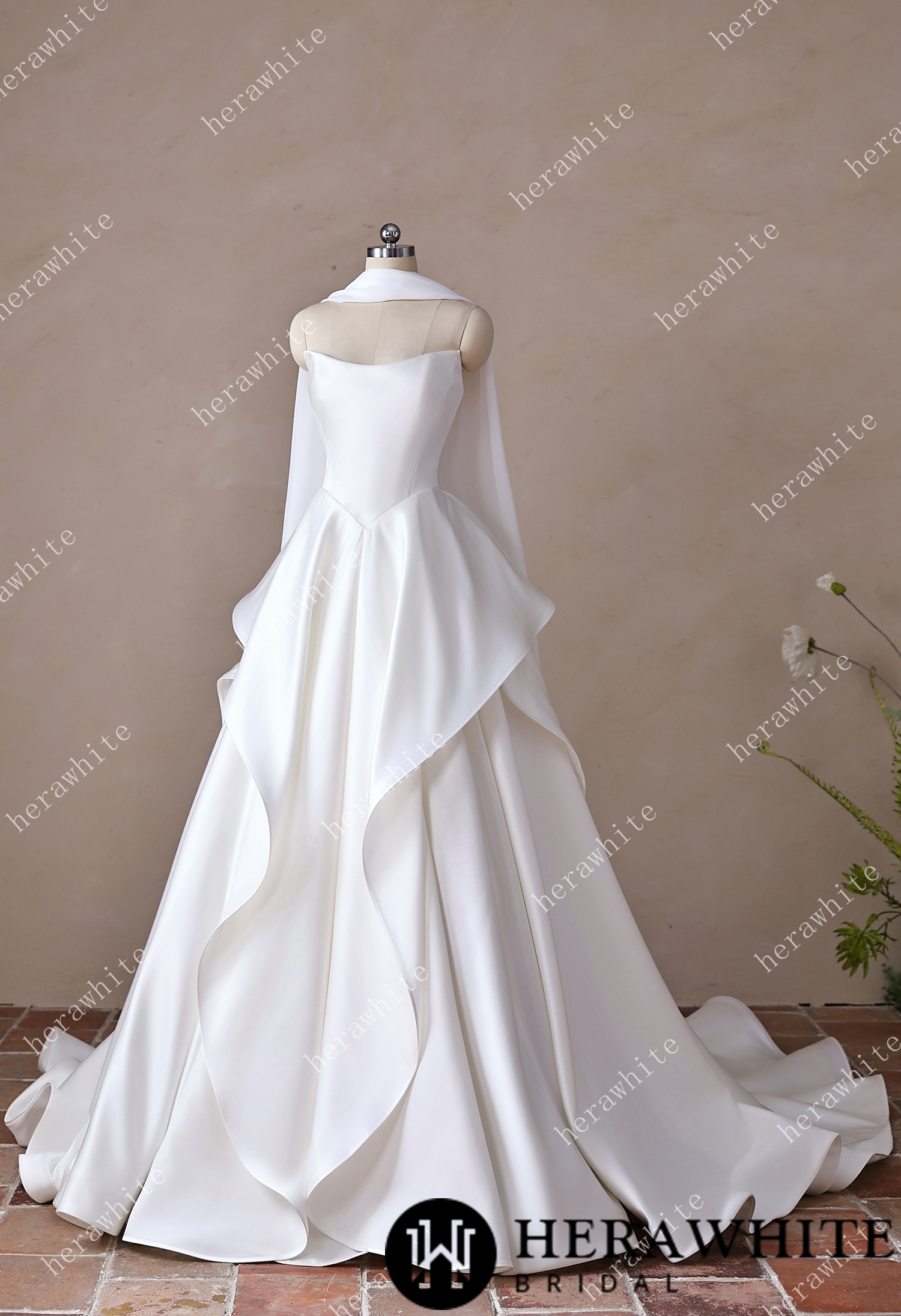 In Stock/ Scoop Neck Satin Bridal Gown with Asymmetric Pleats Waist & Detachable Scarf
