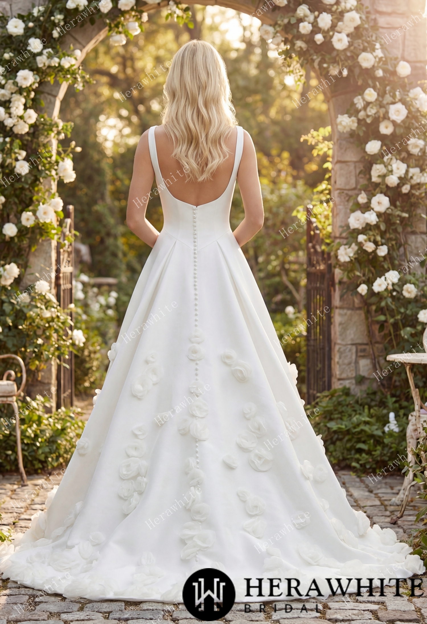 In Stock/ Square Neck Wide Strap Satin Bridal Gown with 3D Floral Skirt & Deep U-Back