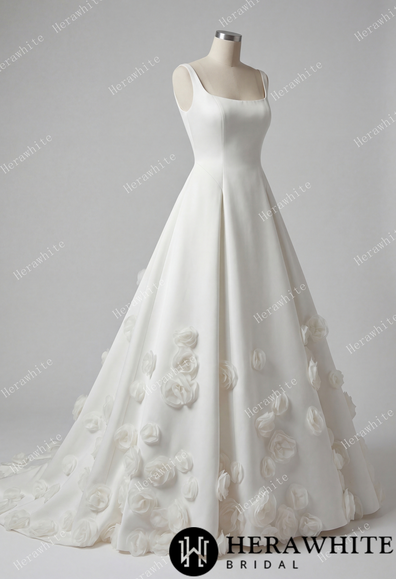 In Stock/ Square Neck Wide Strap Satin Bridal Gown with 3D Floral Skirt & Deep U-Back
